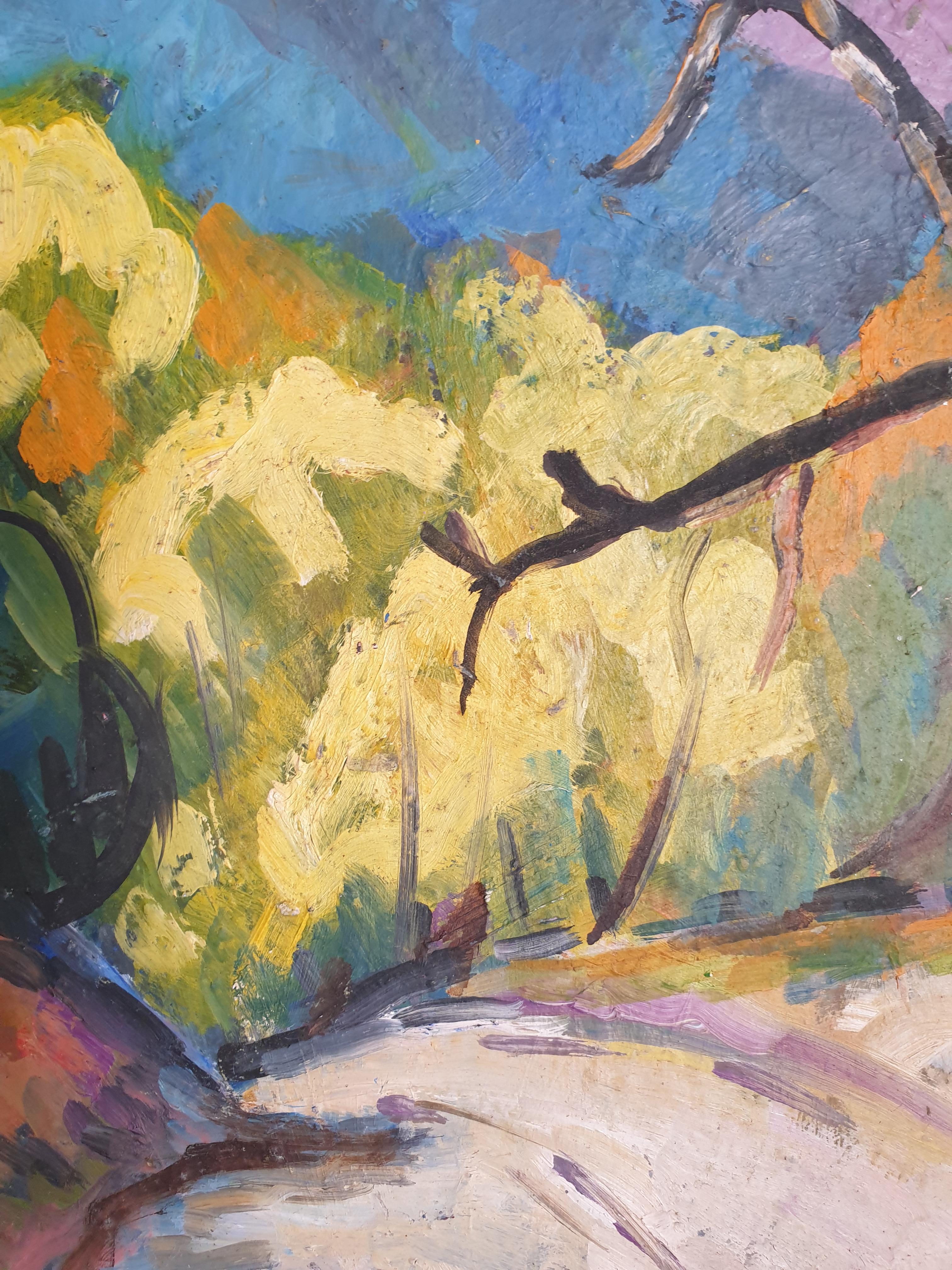 The Road, Mid-century Provençal, Fauvist Landscape. Oil on Board. For Sale 5