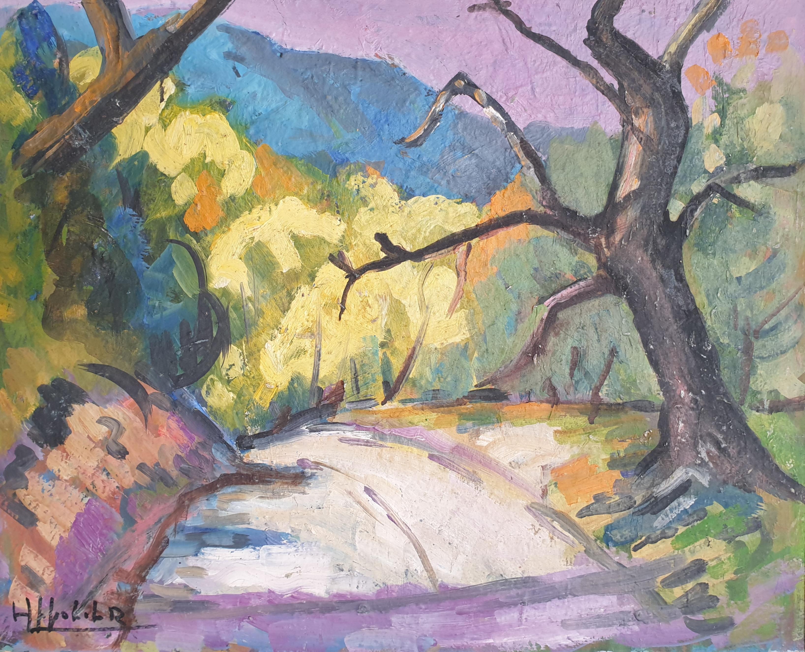 The Road, Mid-century Provençal, Fauvist Landscape. Oil on Board. - Painting by Hyppolite Roger