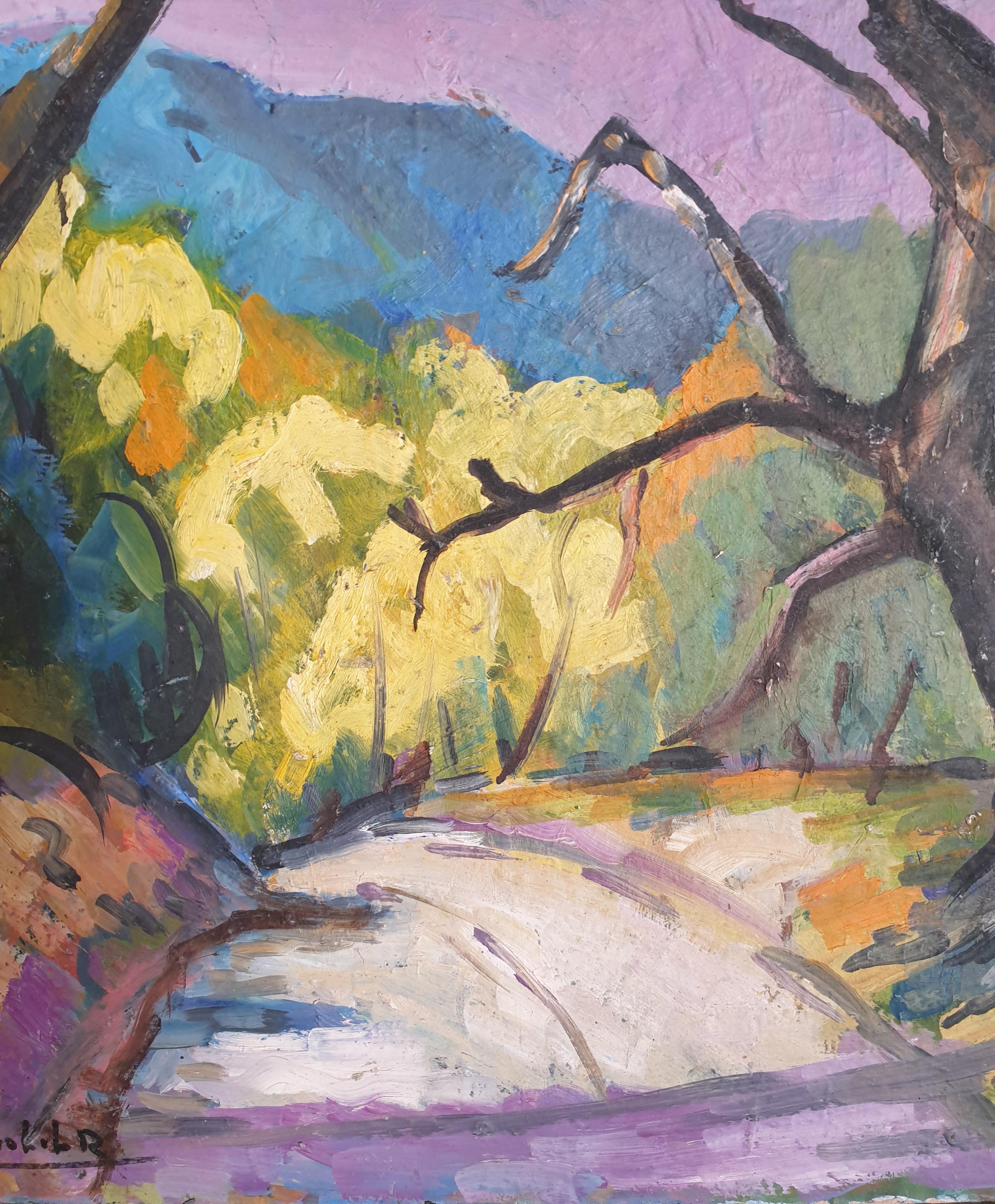 The Road, Mid-century Provençal, Fauvist Landscape. Oil on Board. - Gray Figurative Painting by Hyppolite Roger