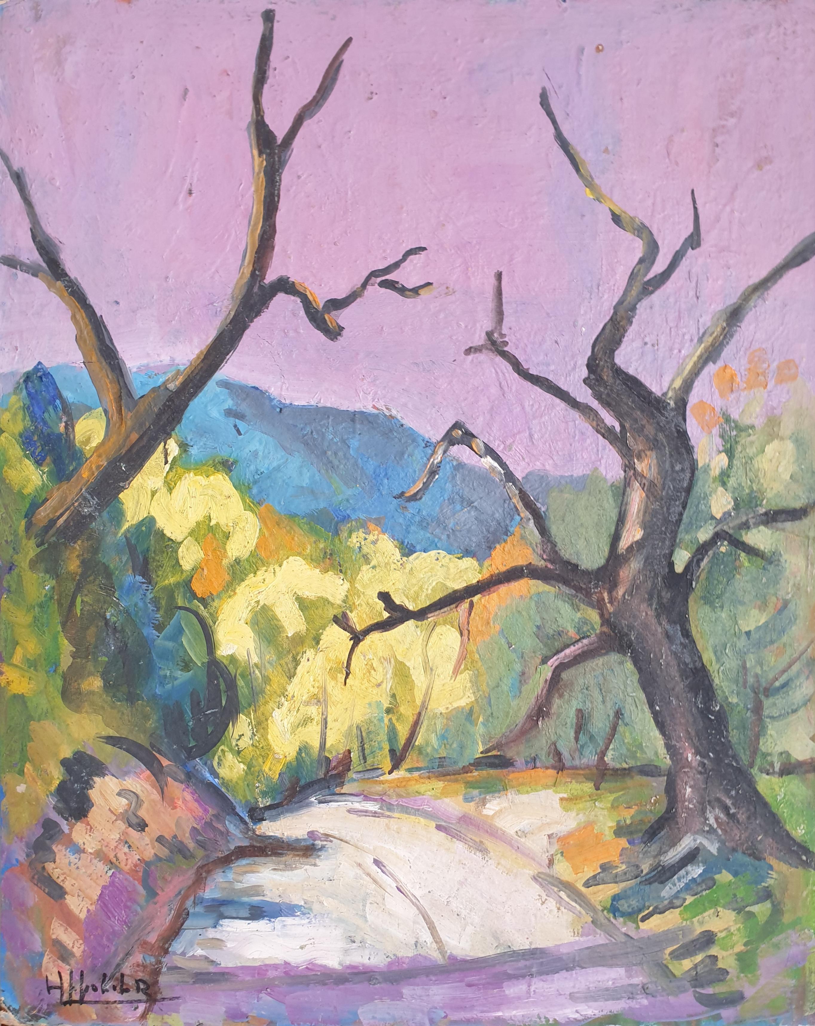 The Road, Mid-century Provençal, Fauvist Landscape. Oil on Board. For Sale 2