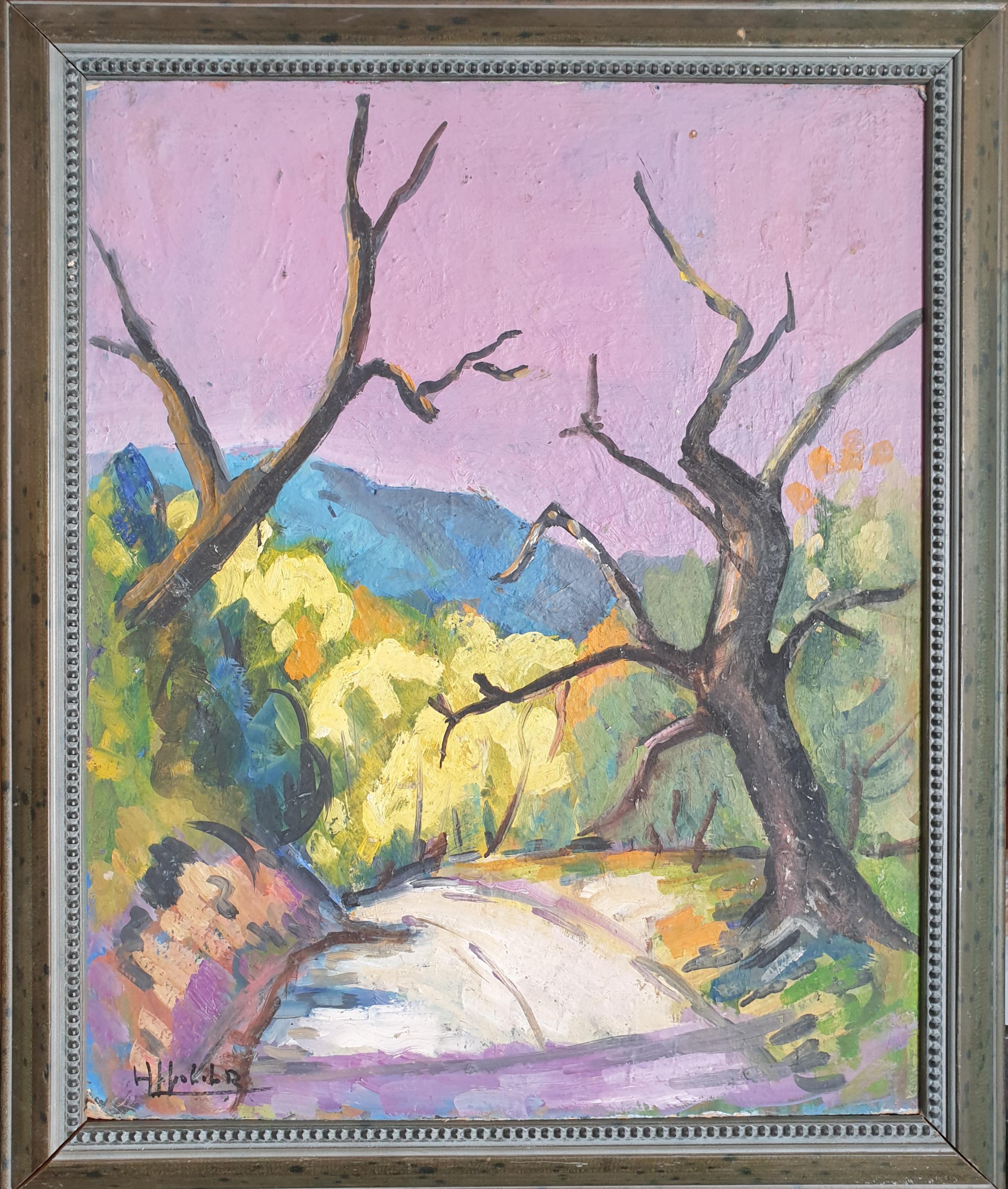 Hyppolite Roger Figurative Painting - The Road, Mid-century Provençal, Fauvist Landscape. Oil on Board.