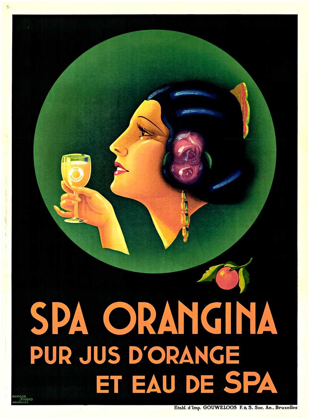 Original Spa Orangina Pur Jus D'Orange gran cartel francés Art Déco vintage
