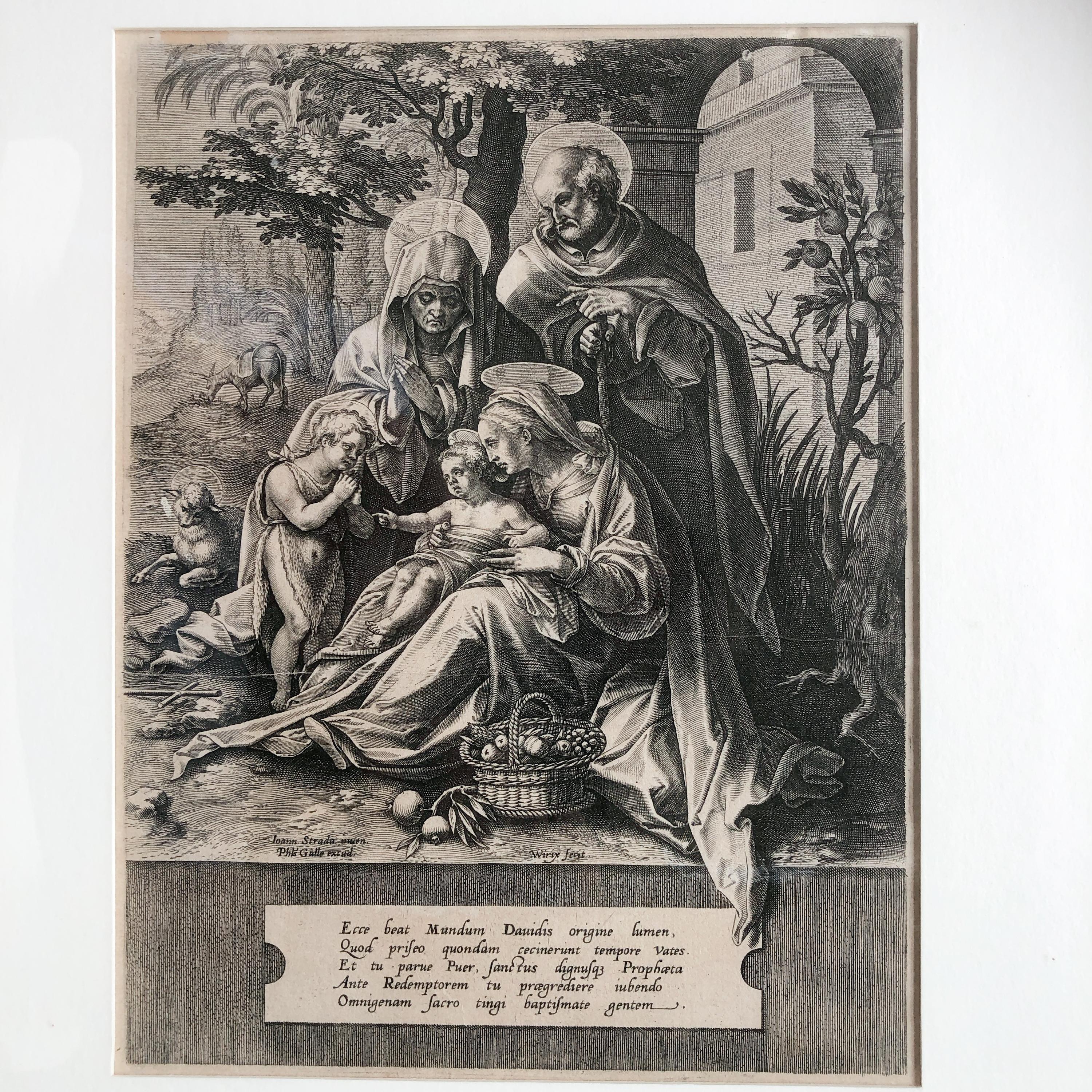 Hieronymus Wierix (1553-1619) : ‘the Holy Kinship’, the holy Family with Elisabeth and Saint John the baptist’. 
A delicate print, full of detailed expression. Elisabeth, being the mother of John the Baptist and cousin of Maria, 
This is a copper