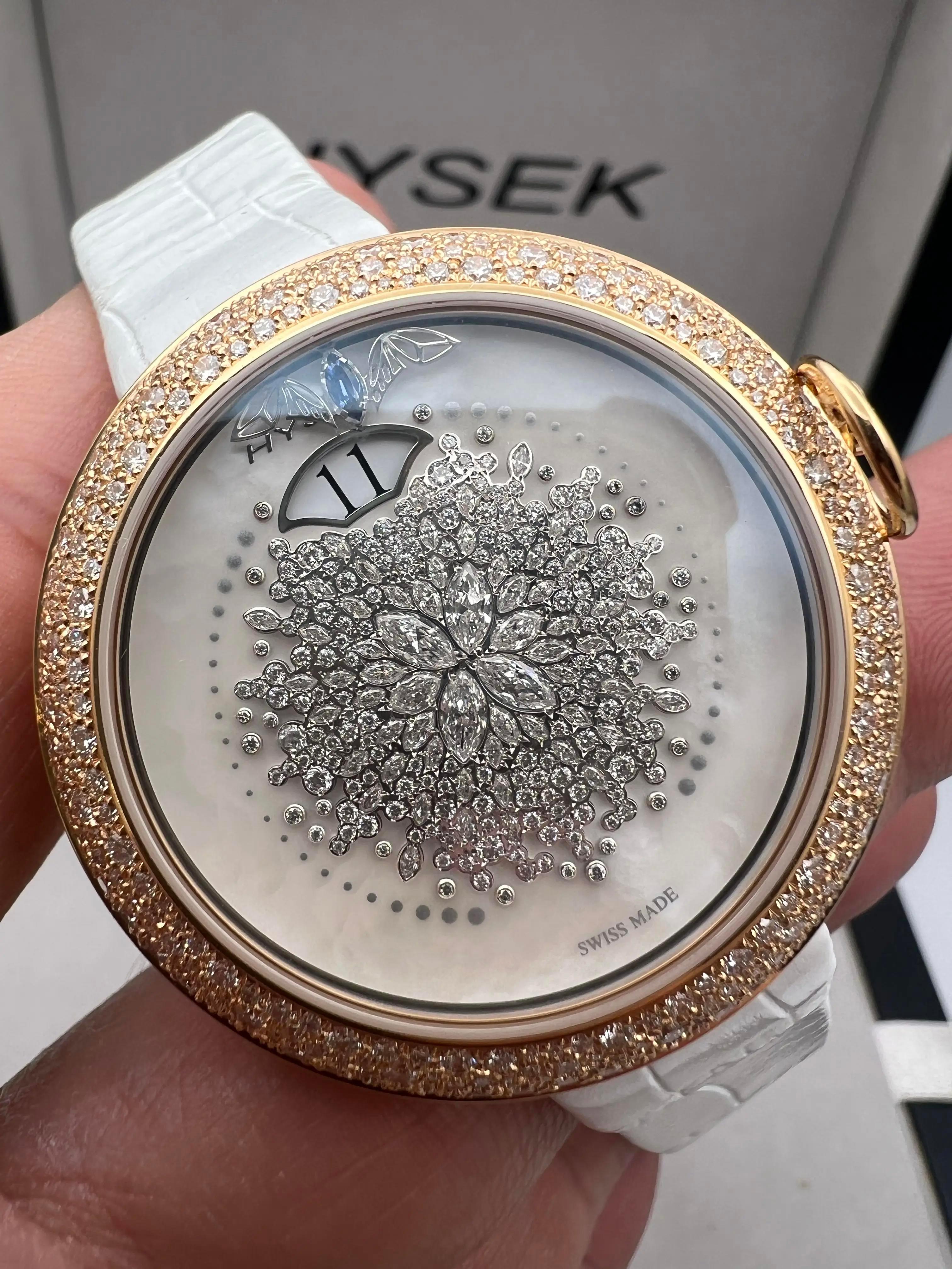 Marquise Cut Hysek Kalysta Exotic Tale Jump Hour KA3926R95 18K Rose Gold MOP Full Diamond B&P For Sale