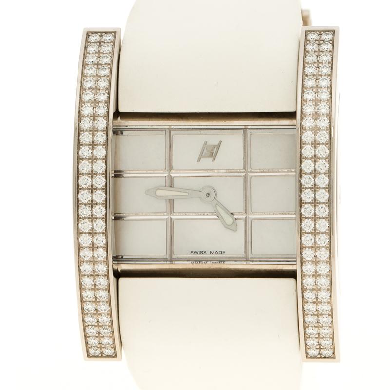 Contemporary Hysek Mother of Pearl White Gold Diamond Rectangular Women's Wristwatch 36 mm