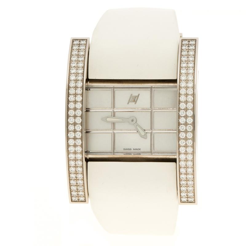 Hysek Mother of Pearl White Gold Diamond Rectangular Women's Wristwatch 36 mm