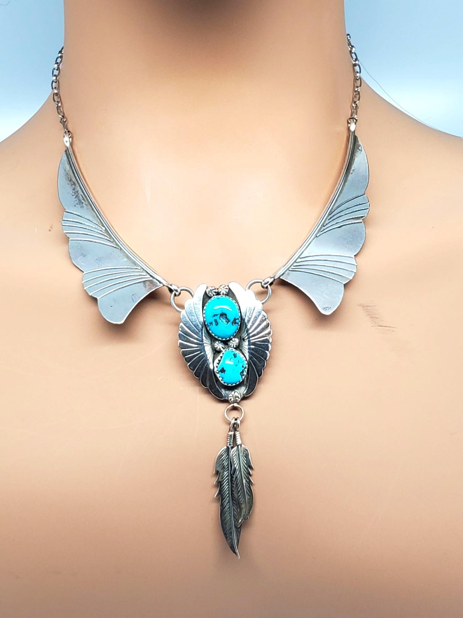 Hyson Craig Collana di piume di turchese in argento sterling dei nativi americani #21532 in vendita 2