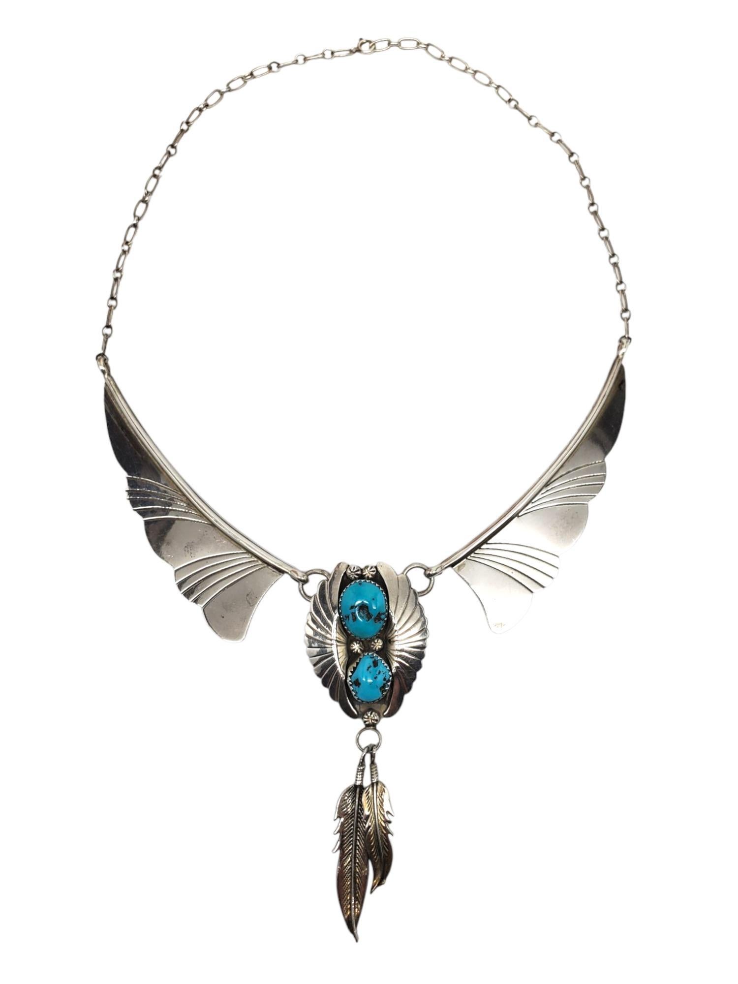 Hyson Craig Collana di piume di turchese in argento sterling dei nativi americani #21532 in vendita