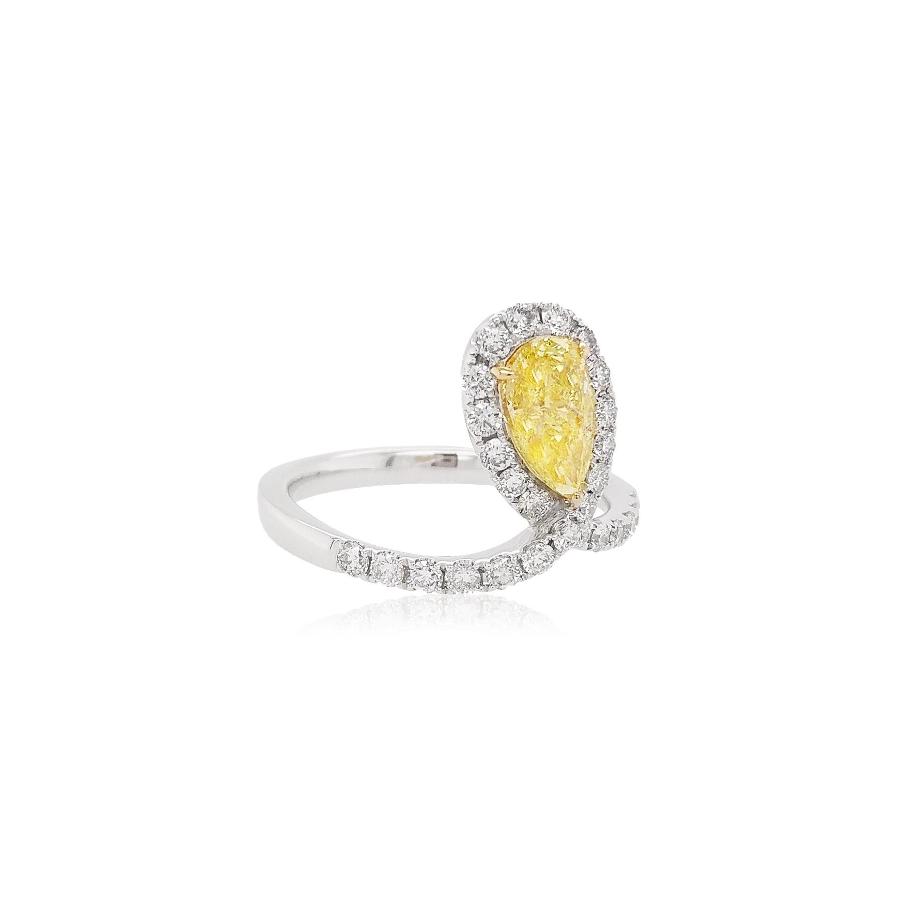 Pear Cut HYT GIA Certified Fancy Intense Yellow Diamond and White Diamond Engagement Ring
