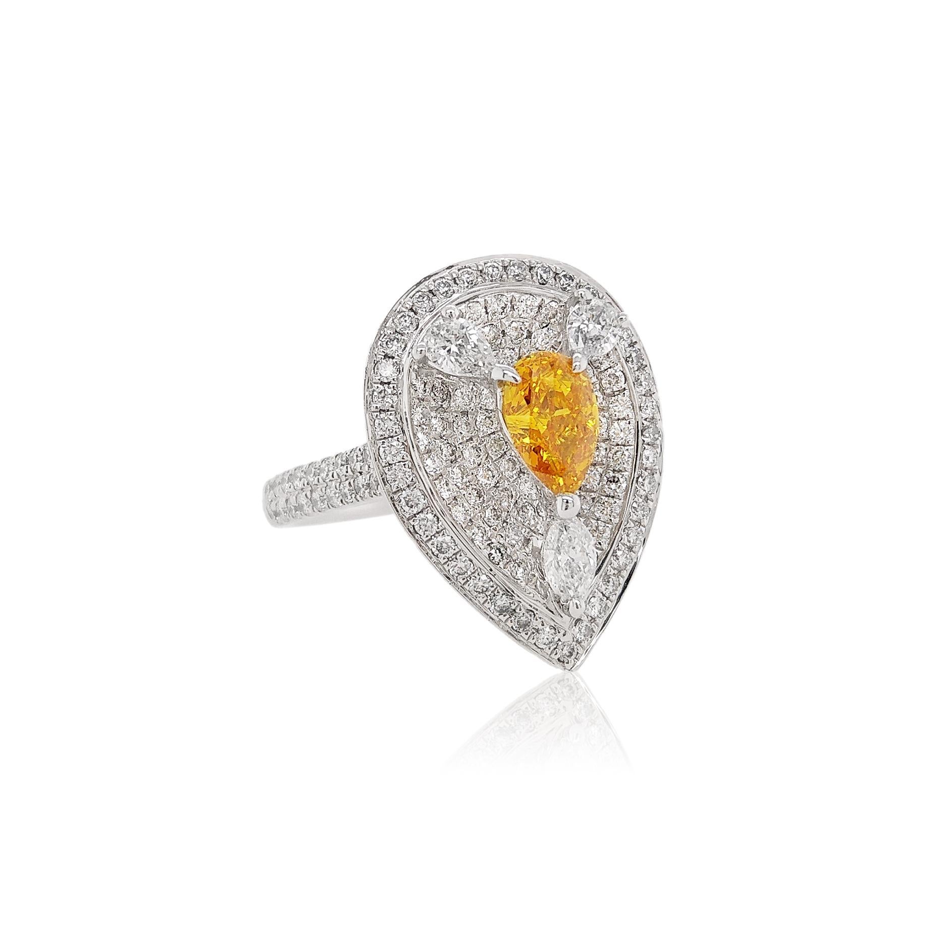Pear Cut HYT GIA Fancy Vivid Yellow Orange Diamond and White Diamond Cocktail Ring