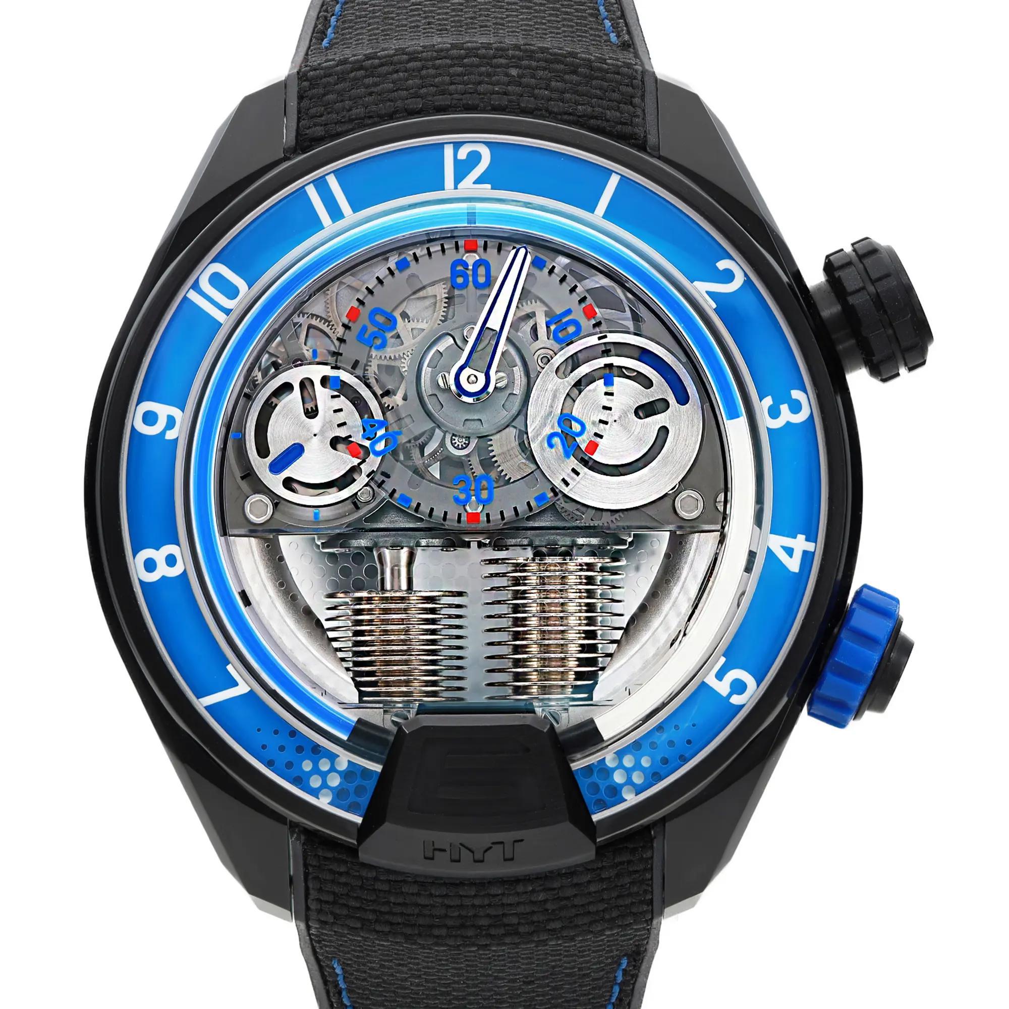 Brand new. Comes with the original box and booket. Limited Edition 50 pieces.

HYT H2 Neo 2 Titanium 51mm Blue Skeleton Dial watch is a limited-edition timepiece that combines cutting-edge engineering, fluidic technology, and mechanical artistry.