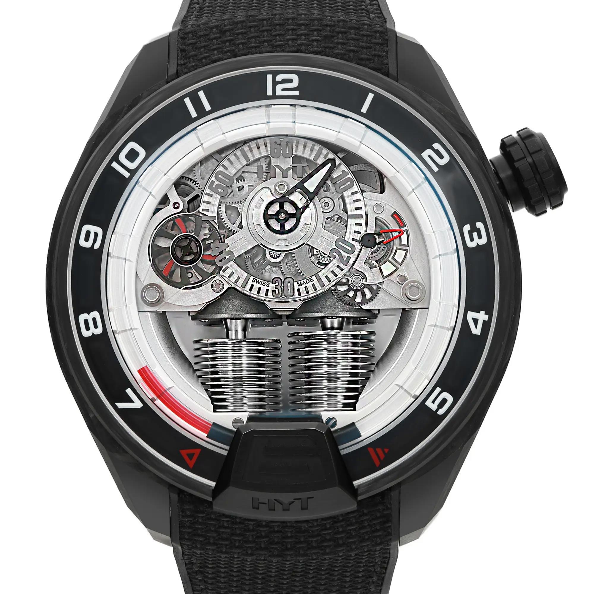 Brand new. Comes with an original box and booklet.

The HYT H4 Gotham combines both high-end horology with futuristic technology. Its avant-garde skeleton design, hydromechanical display, and premium materials make it a standout piece for watch