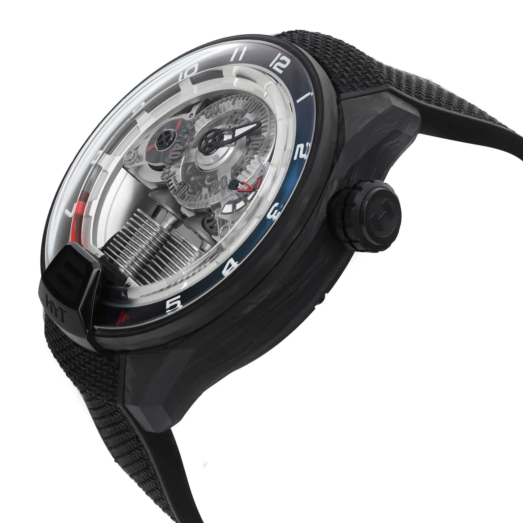 HYT H4 Gotham Carbon Silver Skeleton Dial Manual Wind Men Watch H4-CB-515020 In New Condition For Sale In New York, NY