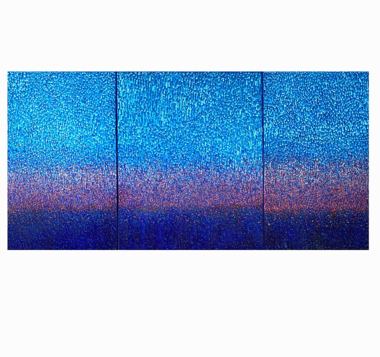 Impressive Blue Monochrome Abstract Triptych 