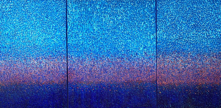  Hyun Ae Kang Abstract Painting - Impressive Blue Monochrome Abstract Triptych "Winter Fall Trilogy", Asian Art