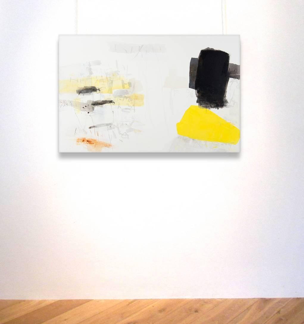 « Abstract Alchemy n°1 » - Peinture abstraite en noir et blanc avec jaune - Contemporain Painting par Hyunmee Lee