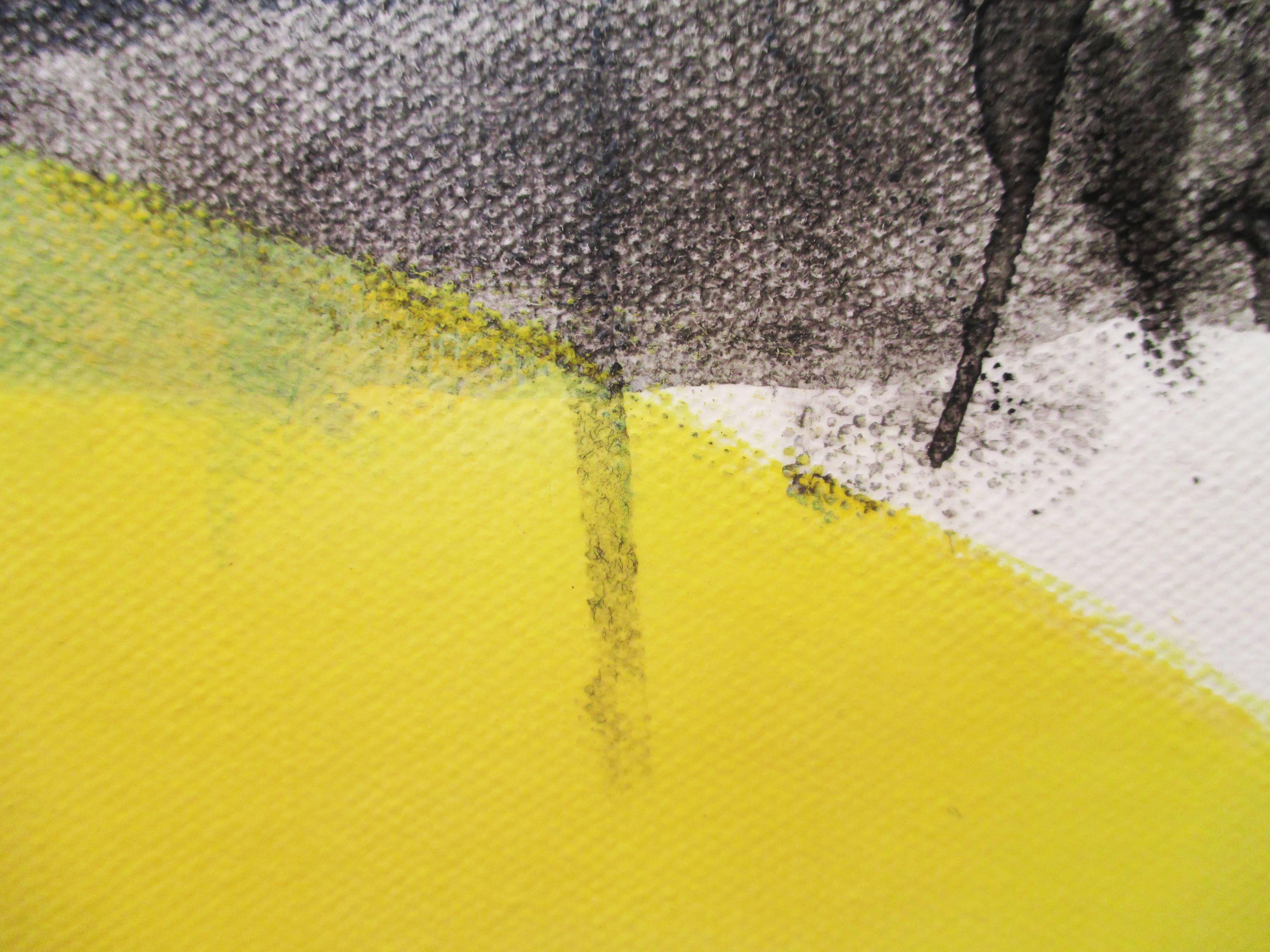 « Abstract Alchemy n°1 » - Peinture abstraite en noir et blanc avec jaune en vente 1