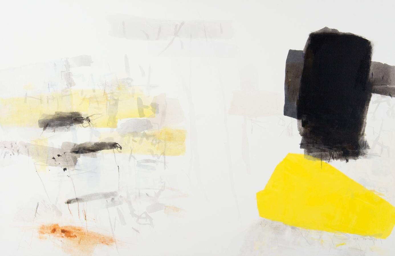 „Abstrakte Alchemie #1“ Schwarzes und weißes abstraktes Gemälde mit gelbem Gelb