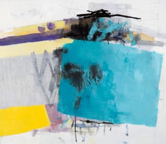 Peinture abstraite « Variation » en bleu, violet et jaune avec de superbes marques 