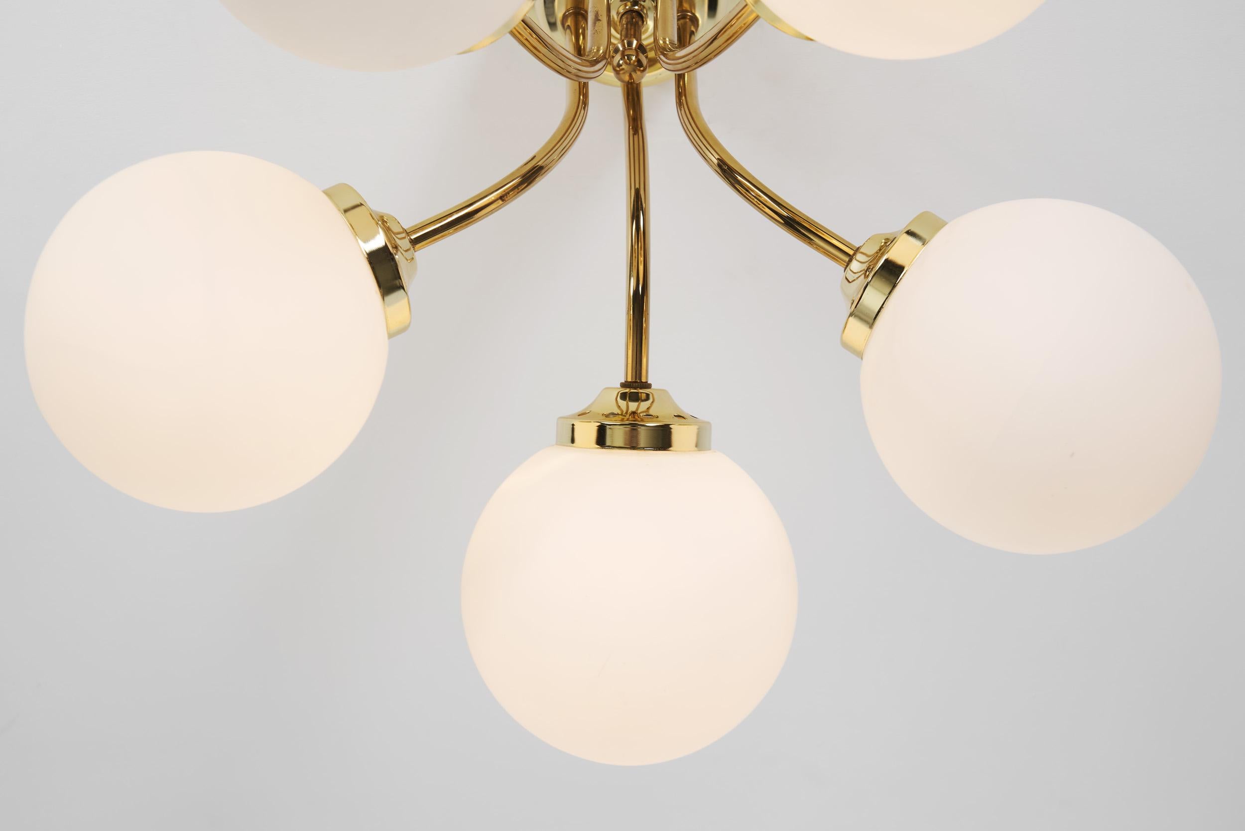 Hyval Five-Armed Brass and Glass Ceiling Lamp, Finland 1970s 4