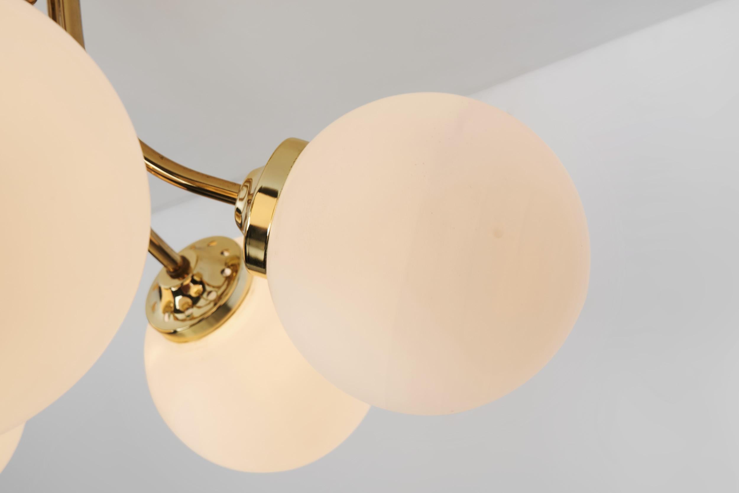 Hyval Five-Armed Brass and Glass Ceiling Lamp, Finland 1970s 9