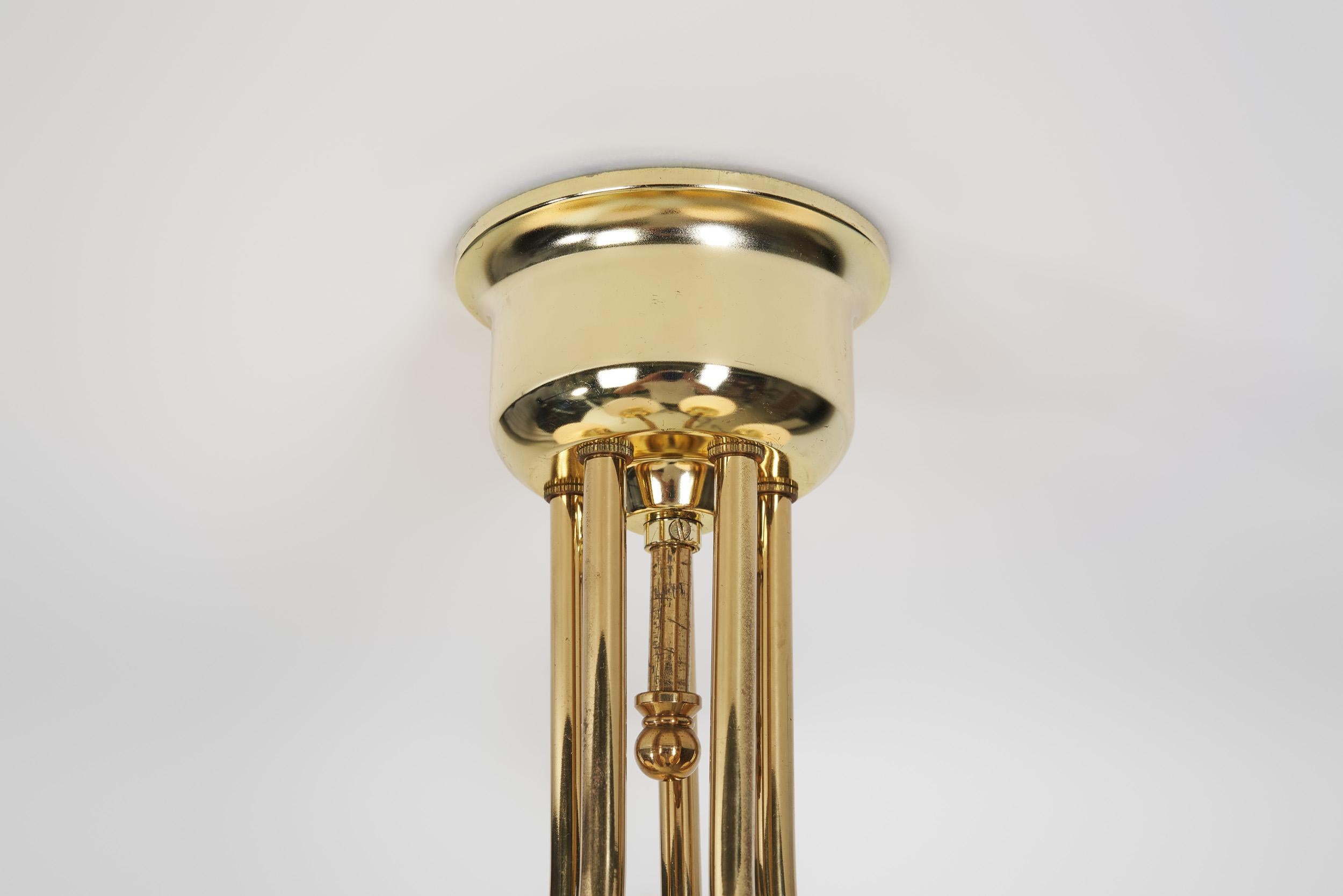 Hyval Five-Armed Brass and Glass Ceiling Lamp, Finland 1970s For Sale 1