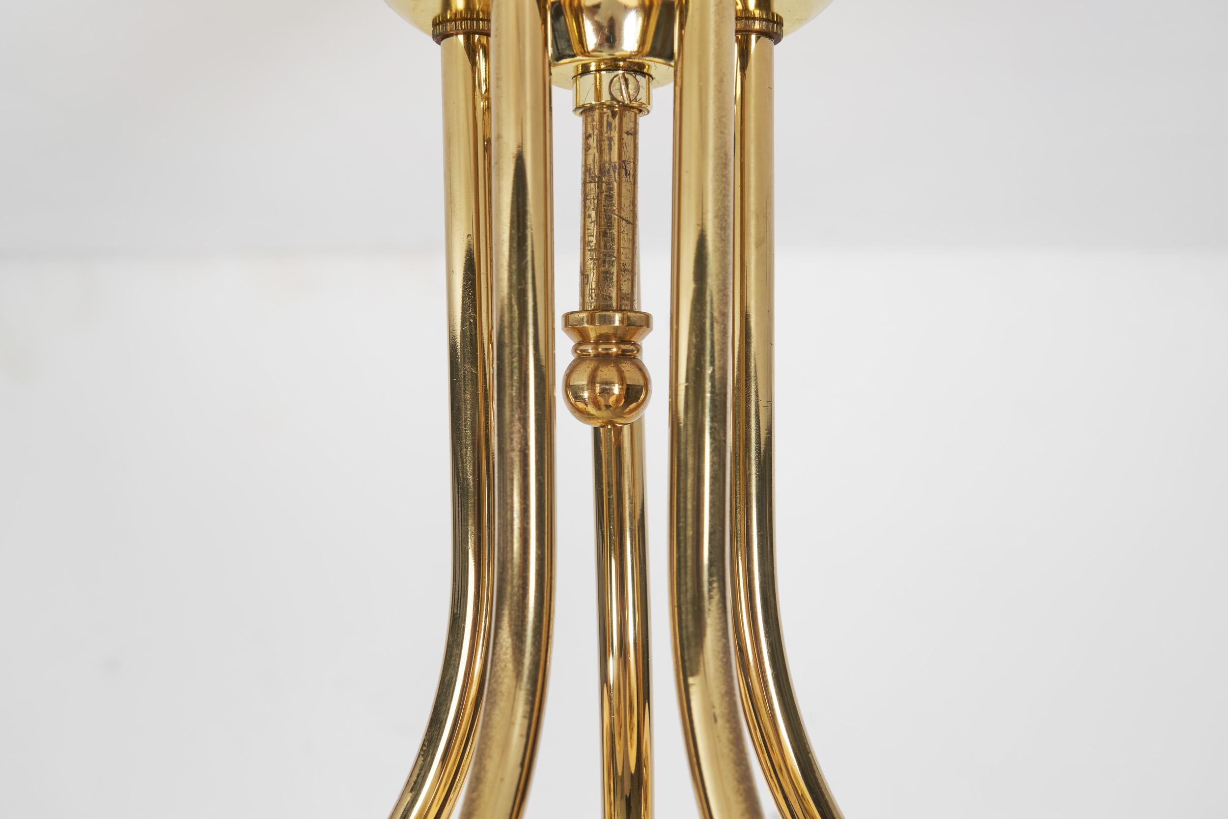 Hyval Five-Armed Brass and Glass Ceiling Lamp, Finland 1970s 2