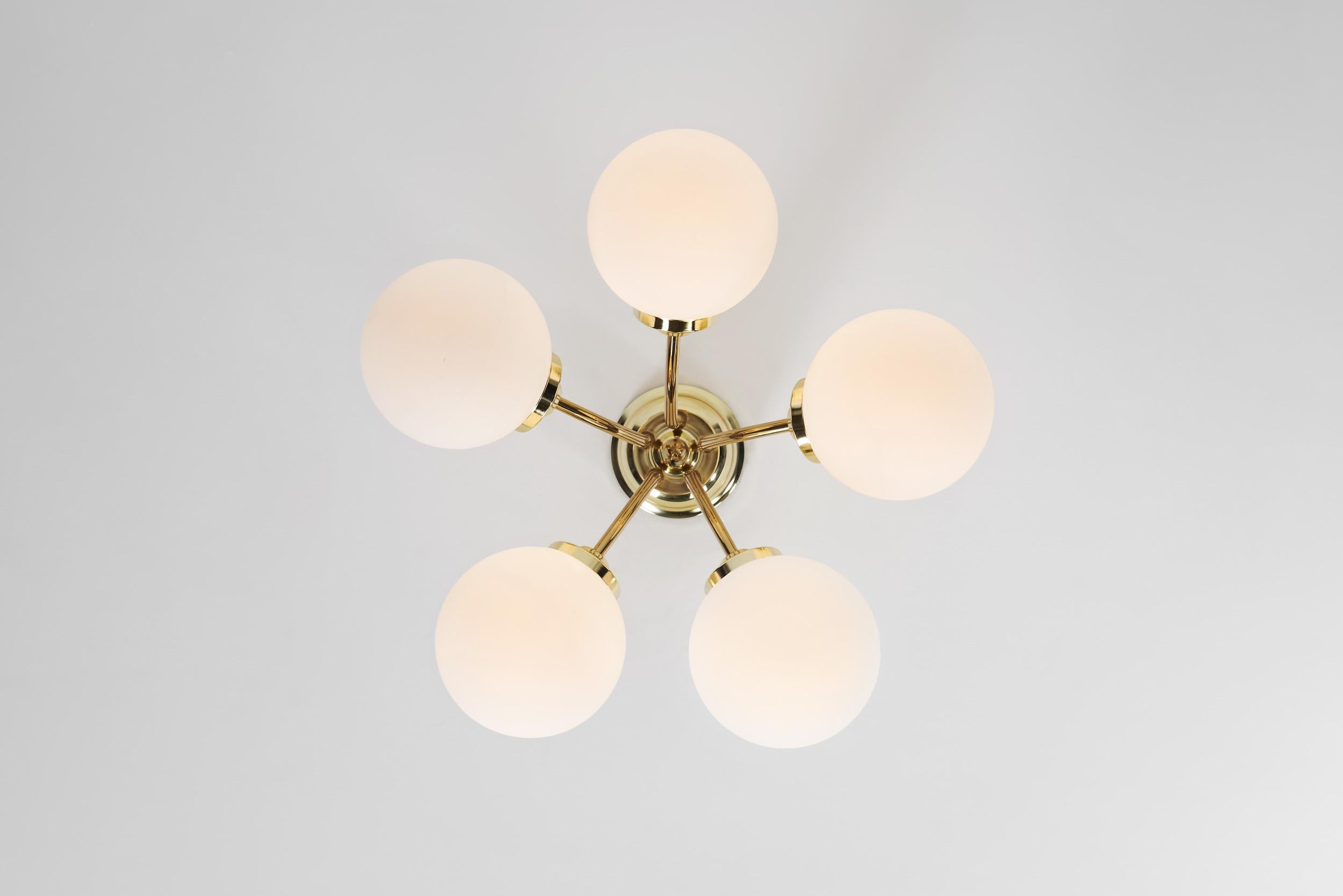 Hyval Five-Armed Brass and Glass Ceiling Lamp, Finland 1970s 3