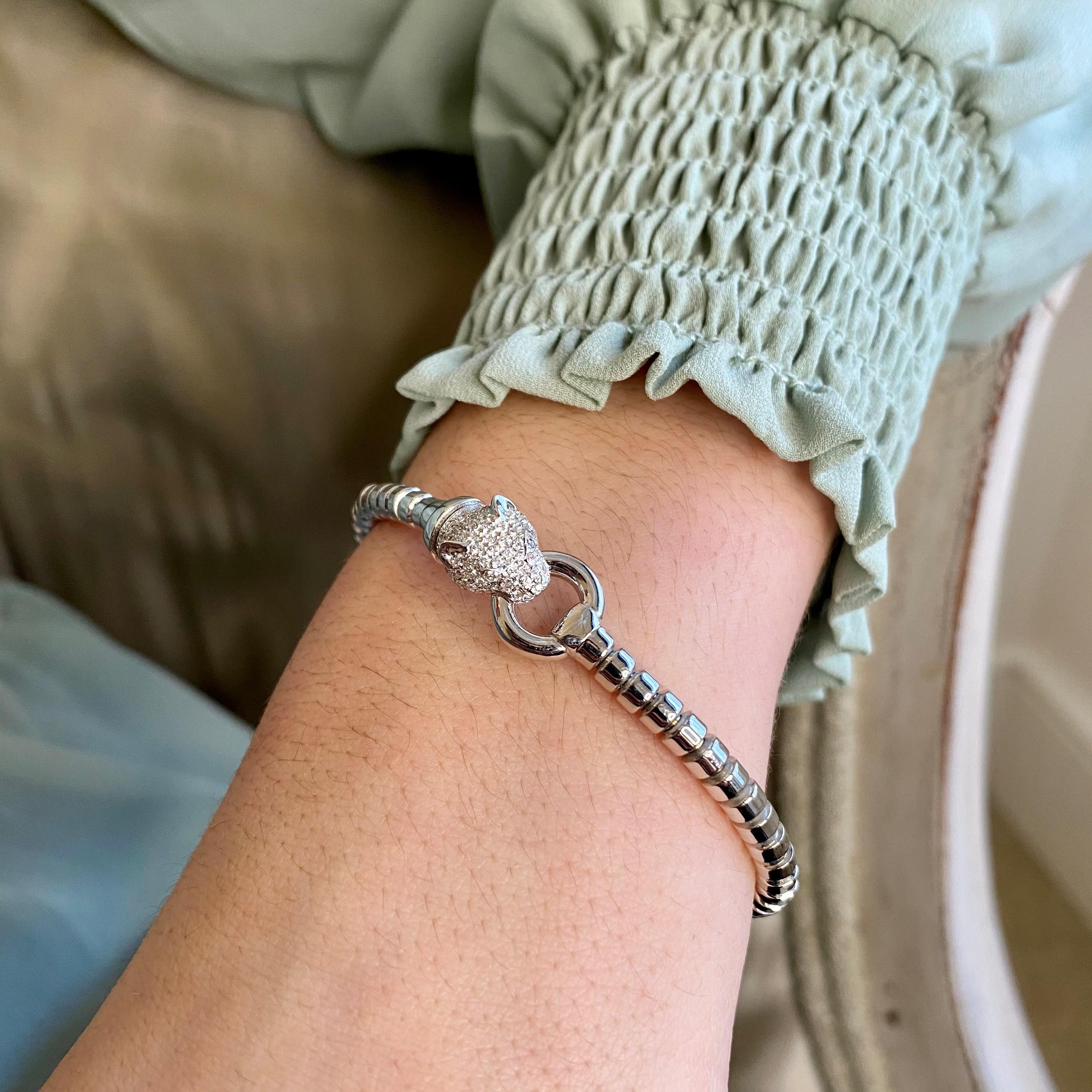 Panther Diamond Head 18 Karat Weißgold Flexible Italienisch gemacht Armband (Rundschliff)