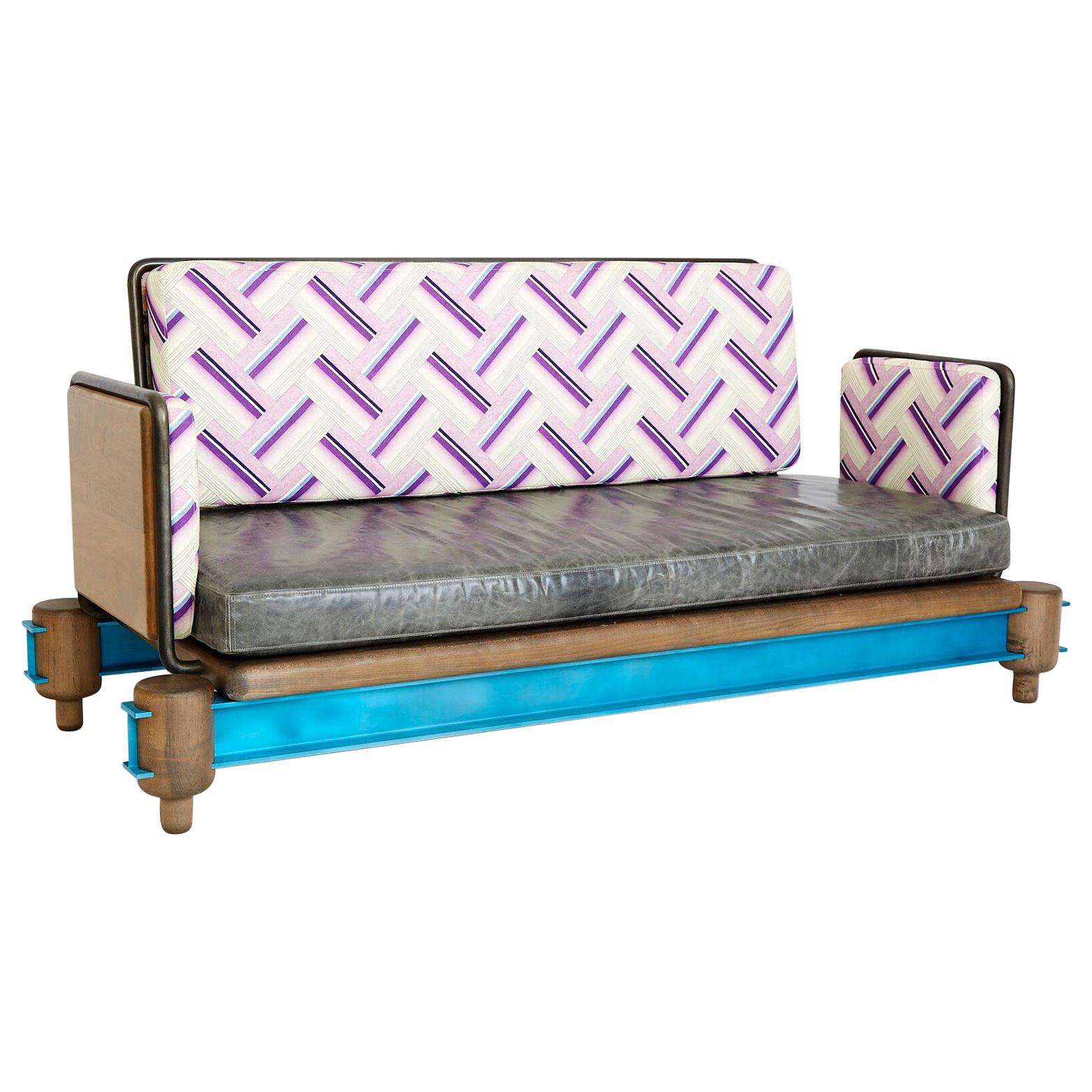 “I-Beam Couch” Steel, Oxidized Maple and Lacquered Aluminum I-Beam Modern Couch For Sale
