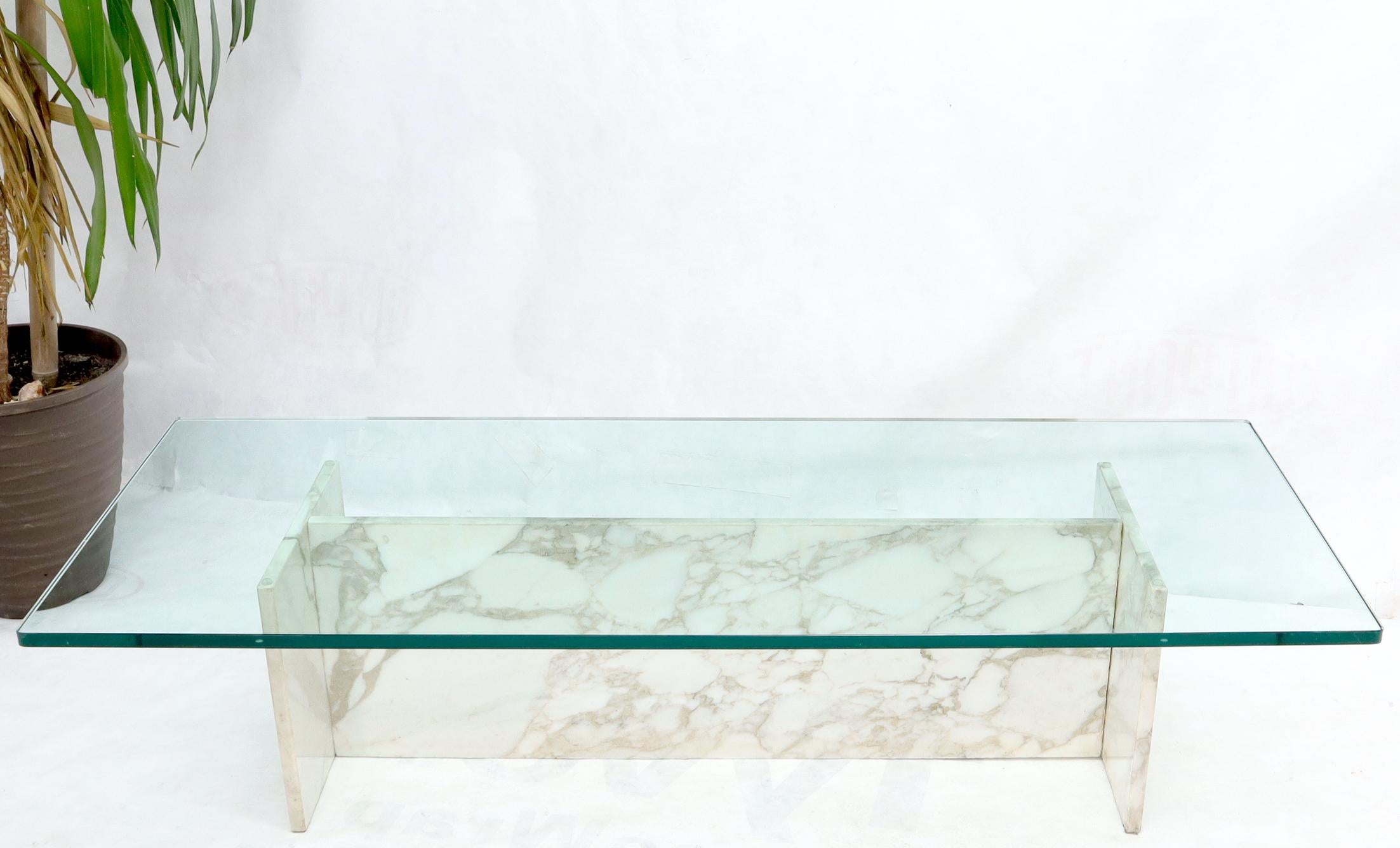 Mid-Century Modern marble I-Beam shape base rectangular glass top coffee table.