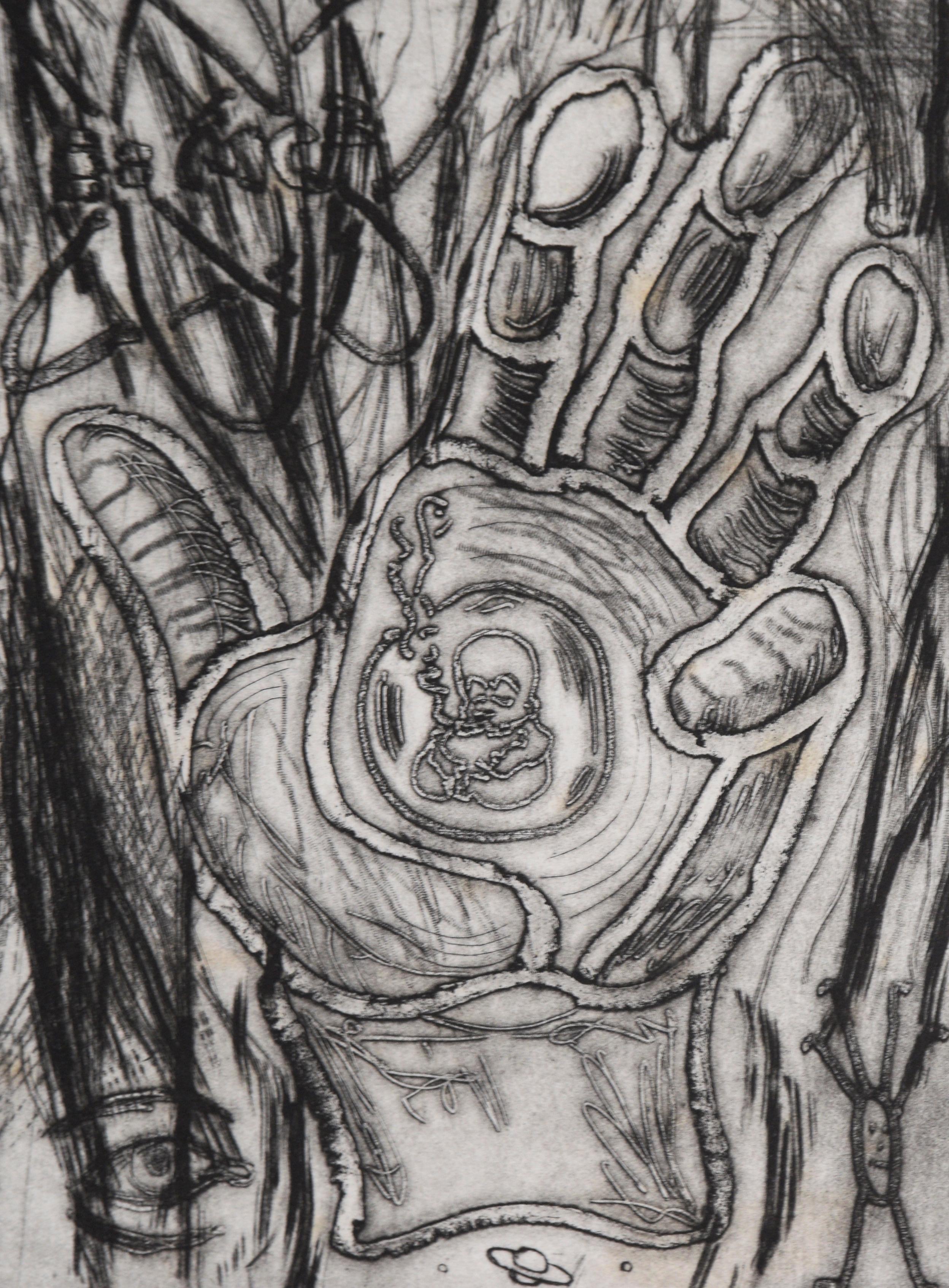 Auffällige abstrakte expressionistische Lithografie von I. Colon (20. Jahrhundert). Im Mittelpunkt steht eine offene Hand mit einem Baby in der Handfläche, während im Hintergrund Objekte wie ein Raumschiff, ein Auge und Kritzeleien zu sehen sind. In
