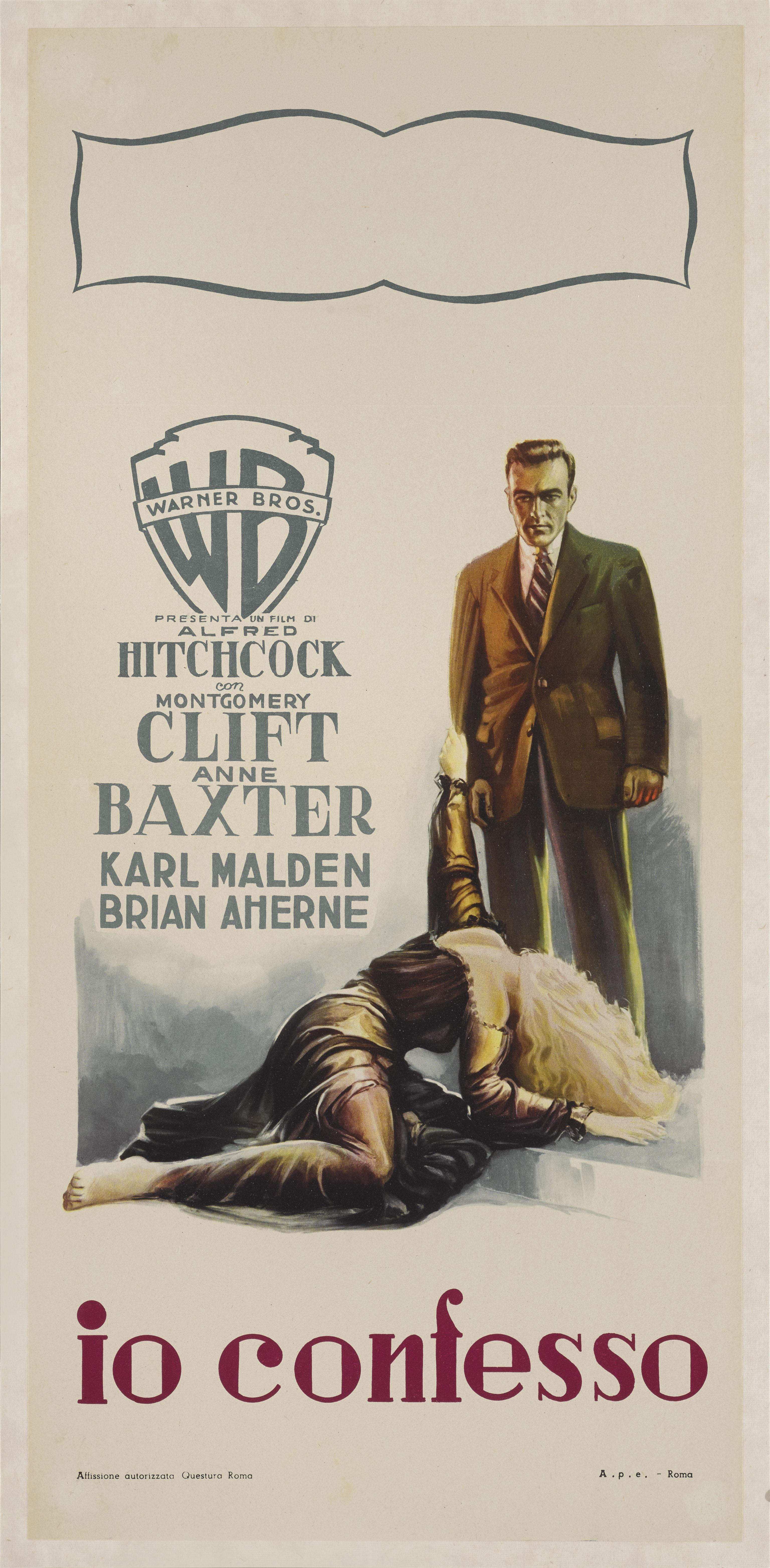  Original Italian film poster is for the 1953 Film-Noir  I Confess.
 This film was directed Alfred Hitchcock and starred Montgomery Clift and Anne Baxter. The wonderful artwork is by one of Italy's great poster artists Luigi Martinati