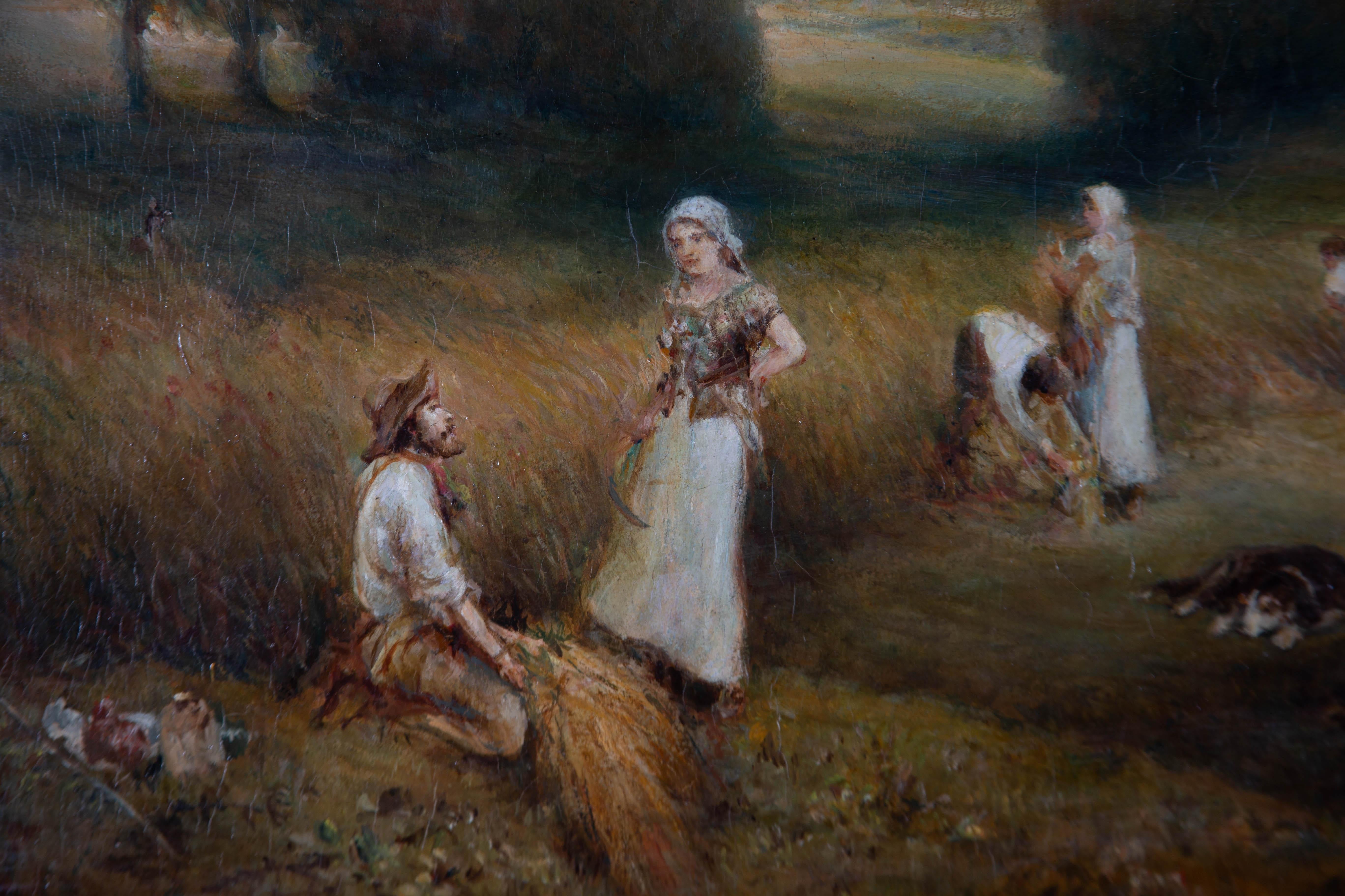 A beautiful Victorian oil landscape depicting late Summer afternoon in a hay field. A group of figures work at harvesting the hay into stooks. A woman rests in the shade to the right with a dog and a man and woman pause from their work to exchange