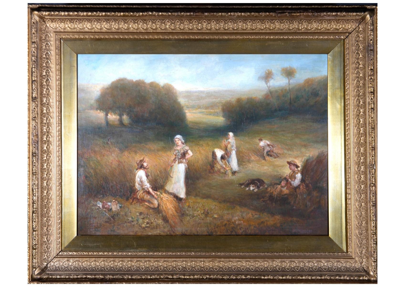 Eine schöne viktorianische Öl-Landschaft, die einen späten Sommernachmittag auf einem Heu-Feld darstellt. Eine Gruppe von Figuren arbeitet an der Ernte des Heus in Stöcken. Rechts im Schatten ruht eine Frau mit einem Hund, und ein Mann und eine Frau
