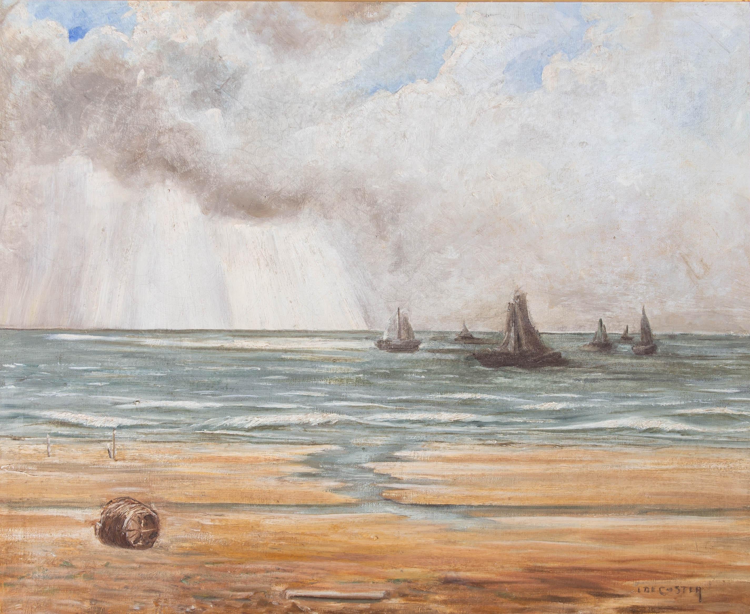 A fine coastal scene in oil showing a beach with sailboats out to sea and the sun glancing down through the grey clouds overhead. The artist has signed to the lower right corner an the painting has been presented in a 20th Century gilt frame with