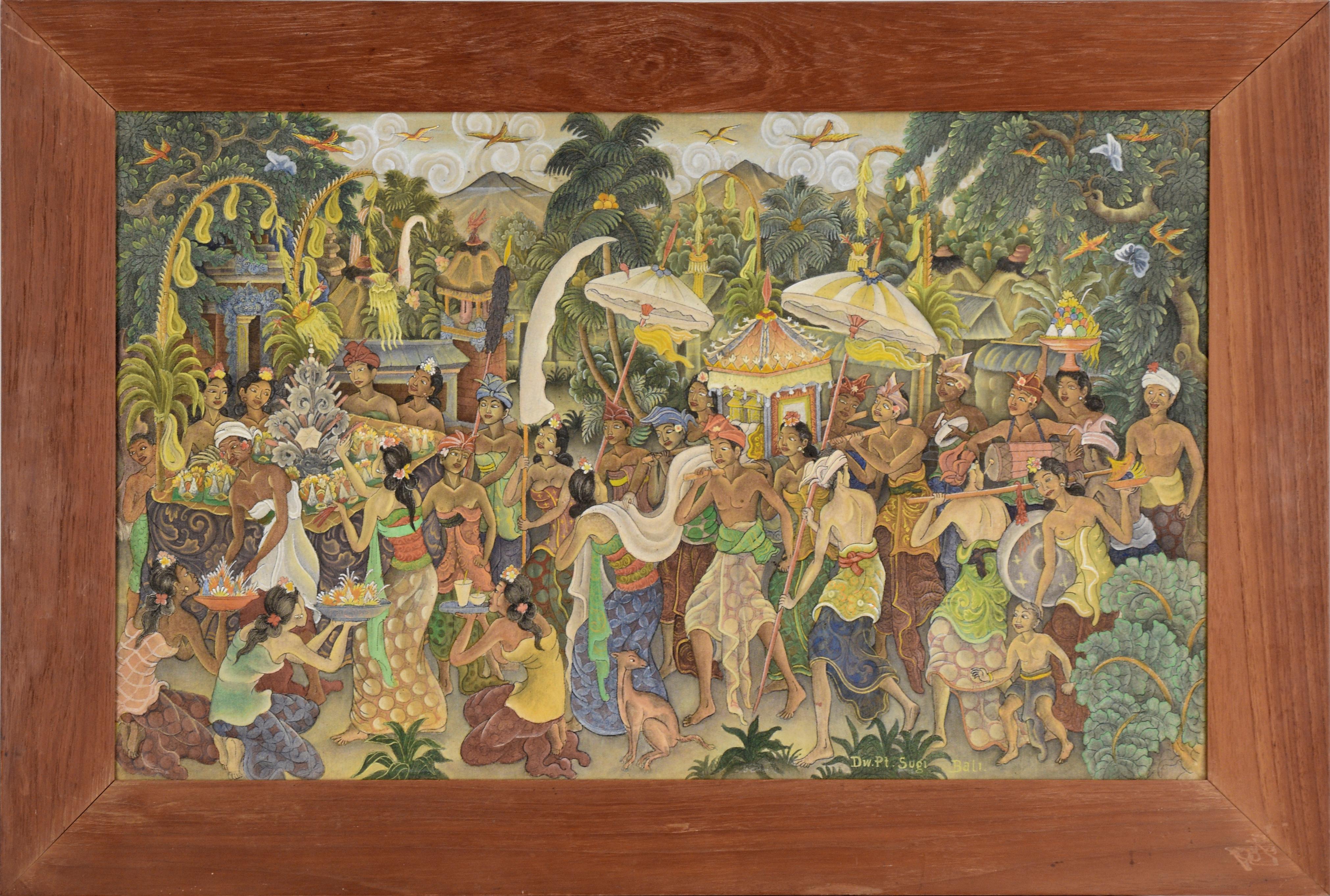 I Dewa Putu Sugi Landscape Painting - Bali Jungle Village Procession, Indonesian Figural 