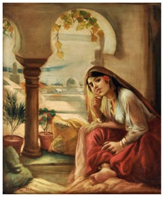 CHICA ORIENTAL- Orientalismo- Escuela francesa Italia figurativa Óleo sobre lienzo pintura