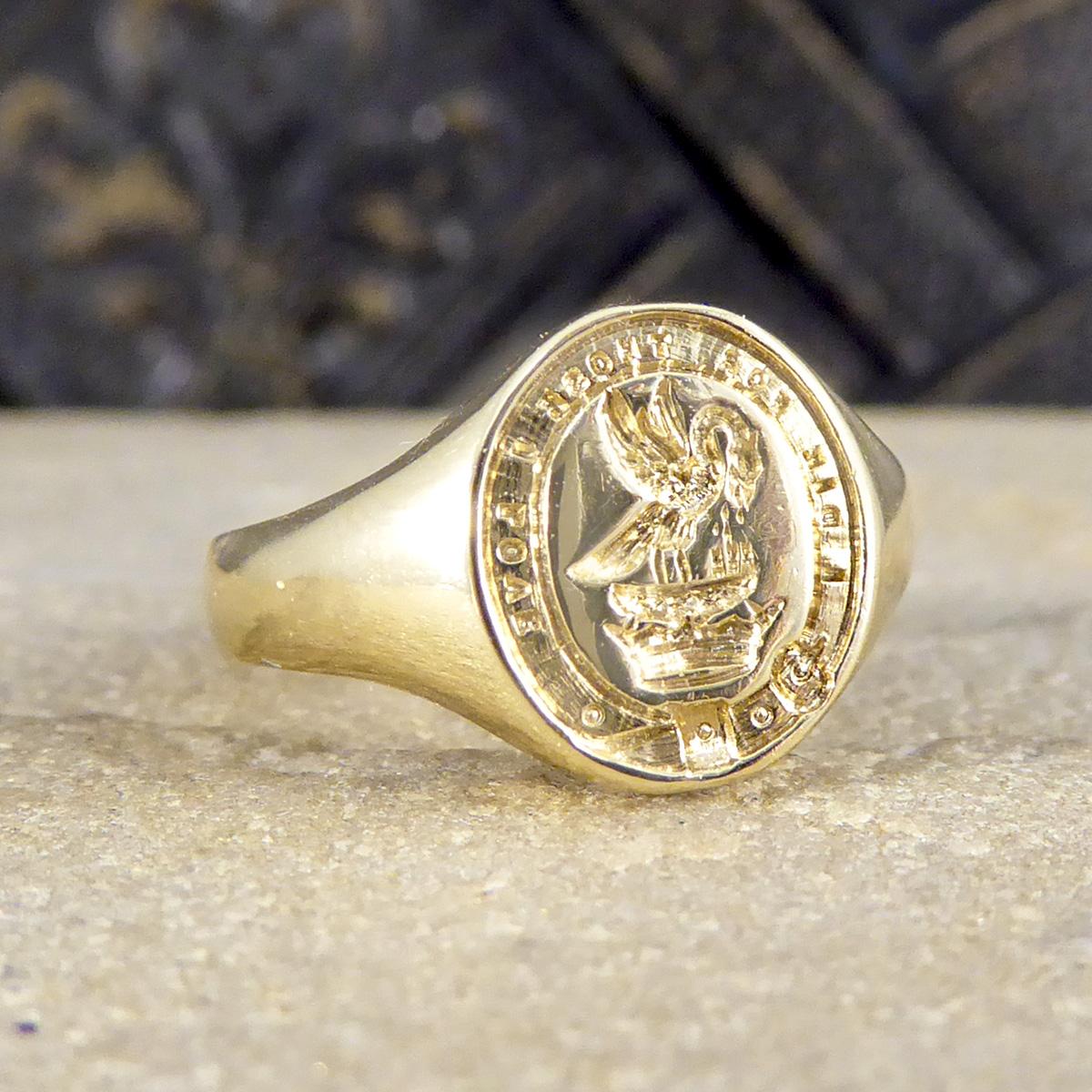The signet ring is a classic and staple addition to any mans finger. It has become a universal unisex ring now and most commonly worn on the pinky finger. This ring is beautifully unique with a bird/dragon-like figure over a boat crested into the