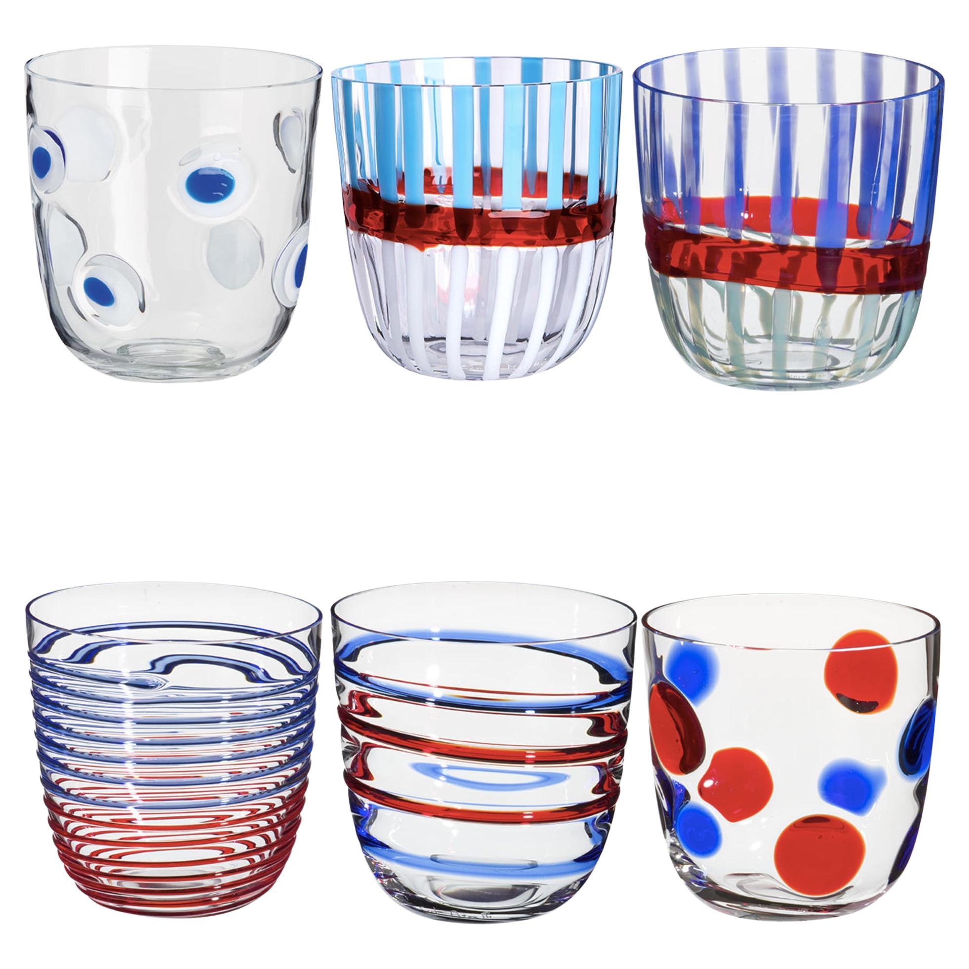 Set von 6 blauen/roten Gläsern von I Diversi, N. 1