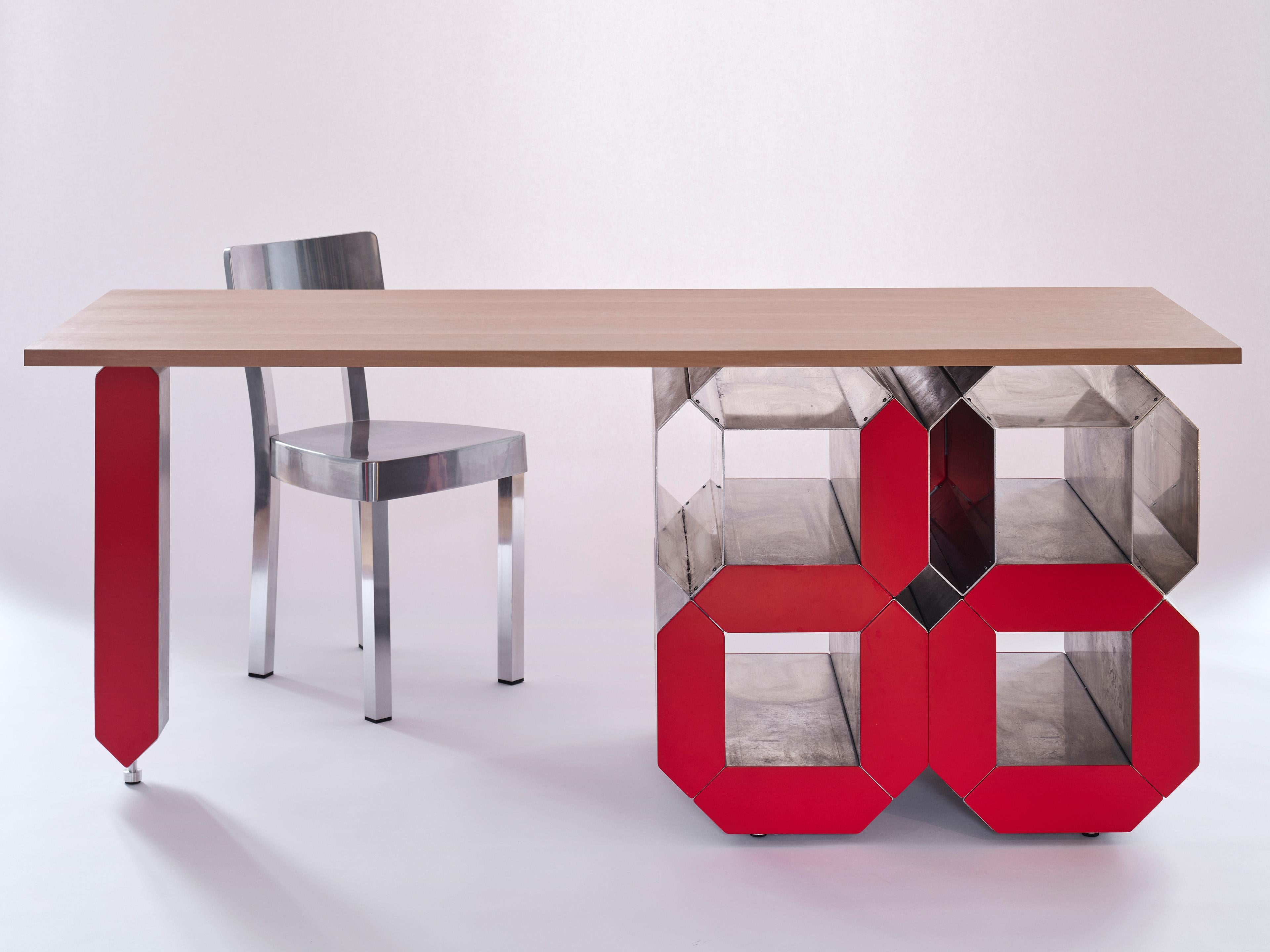 'I do' is a desk made of pear wood and aluminium as part of Alexandre Arrechea and SoShiro’s collaborative Layers collection. It is inspired by the installation CHAOS, which communicates messages in the digital-like lettering often associated with