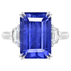 GRS SWITZERLAND 7.43 Carat Ceylon Royal Blue Emerald Cut Sapphire Diamond Ring