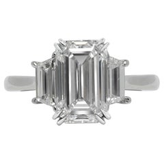 I FLAWLESS GIA Certified 3 Carat Long Emerald Cut Diamond Solitaire Ring