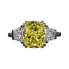 GIA Certified 3.70 Carat Fancy Yellow Cushion Diamond Ring