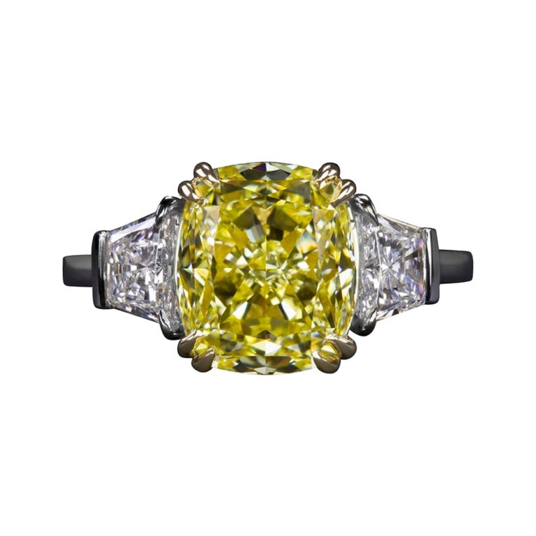 3.50-carat fancy intense yellow cushion diamond ring, 2021
