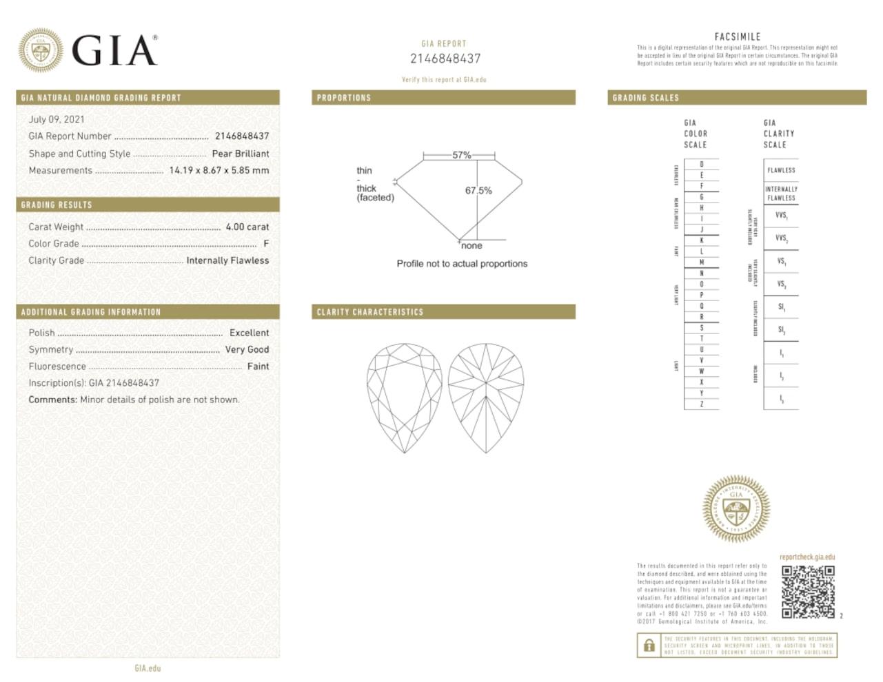 GIA-zertifizierter 4 Karat Diamantring mit Birnenschliff, innen lupenrein (Tropfenschliff)