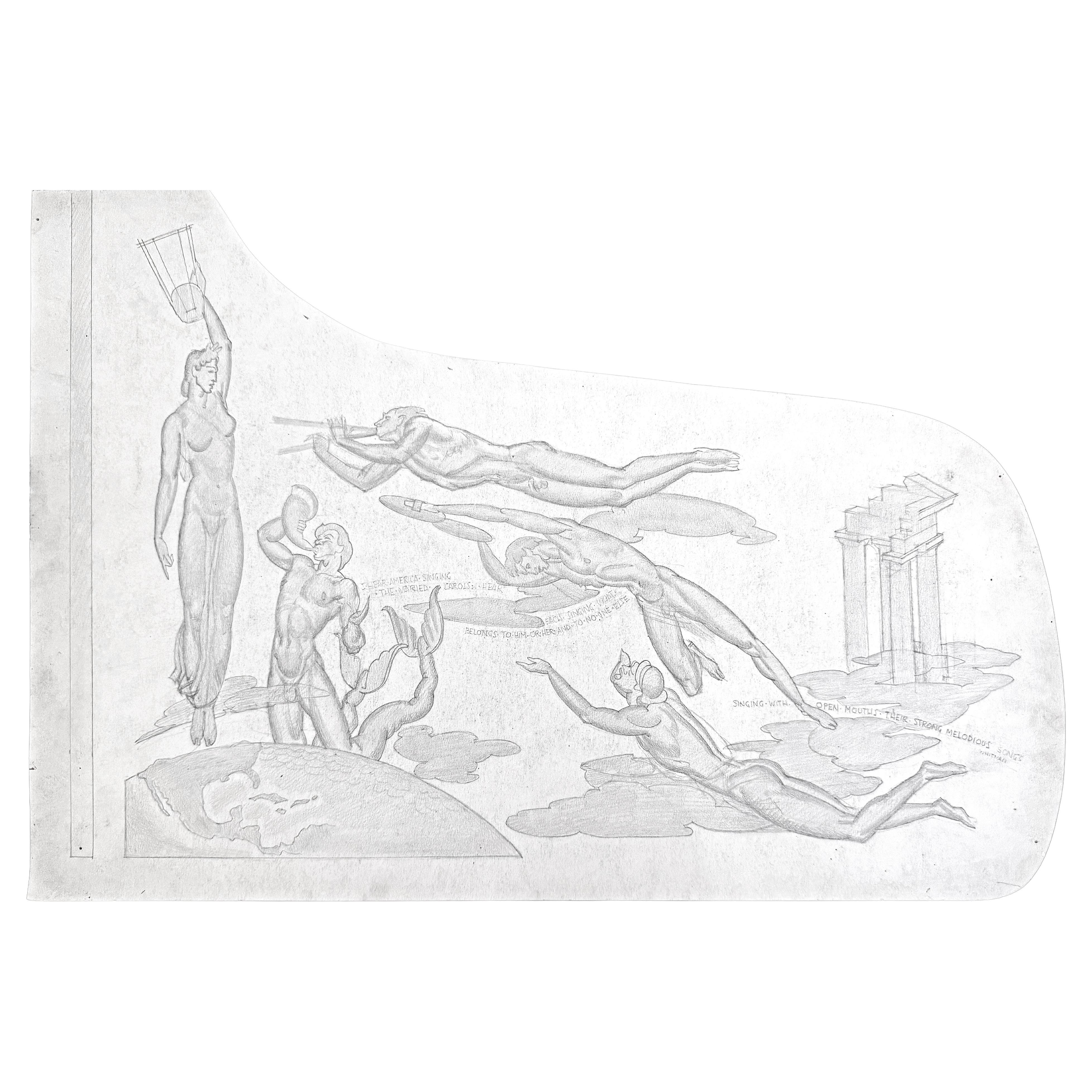 "Ich höre Amerika singen", wichtige Art-Déco-Zeichnung für das Klavier im Weißen Haus, 1938 im Angebot