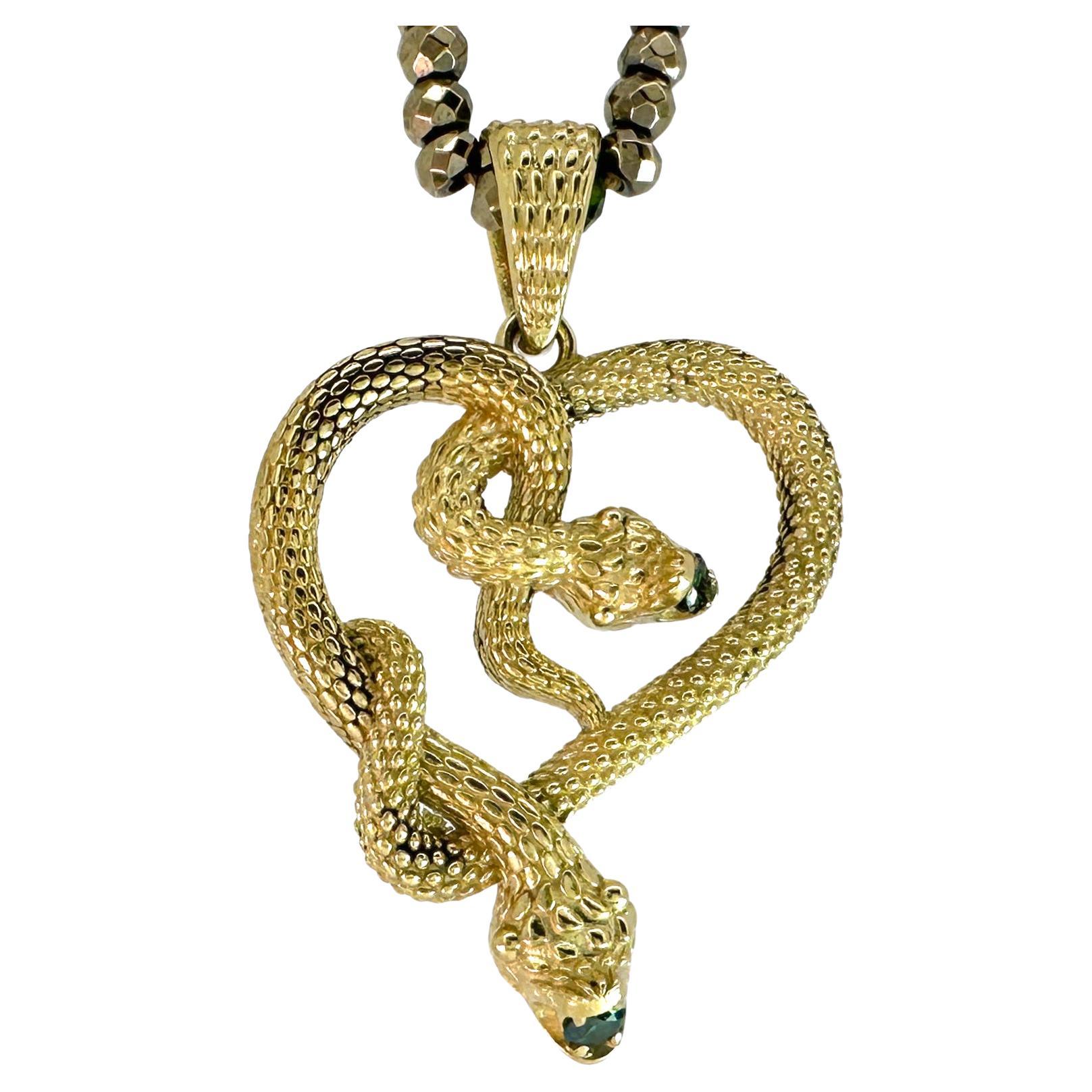 "I Heart Snakes II" Pendant with Green Diamonds in 18k Gold with Pyrite Chain For Sale