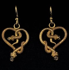 "I Heart Snakes" Twisted Snake Heart Dangly Earrings in 18K Gold with Diamonds