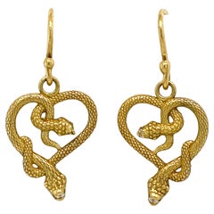 "I Heart Snakes" Twisted Snake Heart Dangly Earrings in 18K Gold with Diamonds